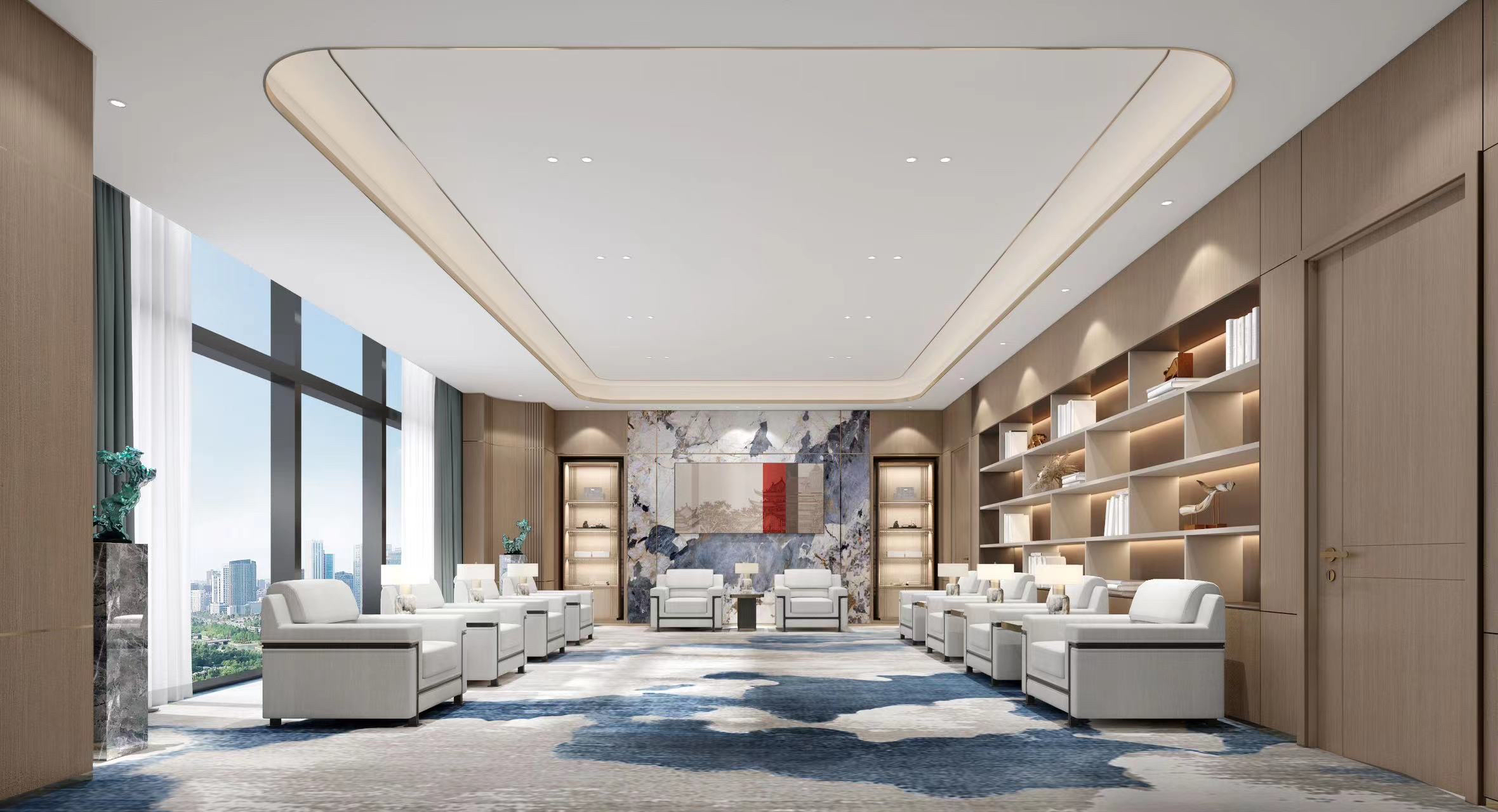 The overall use of materials: stone, metal, wood, green plants，