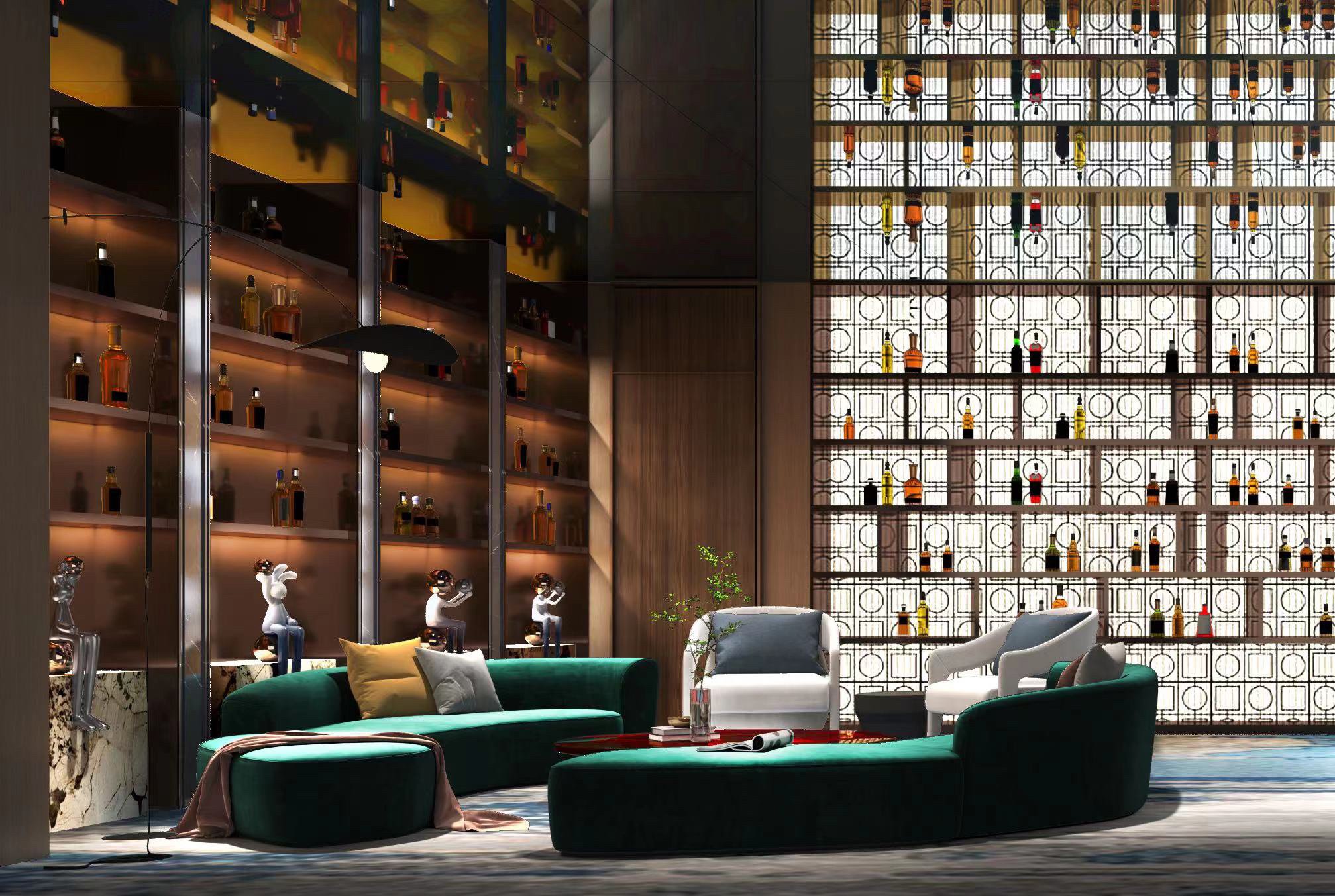 The overall use of materials: stone, metal, wood, green plants，