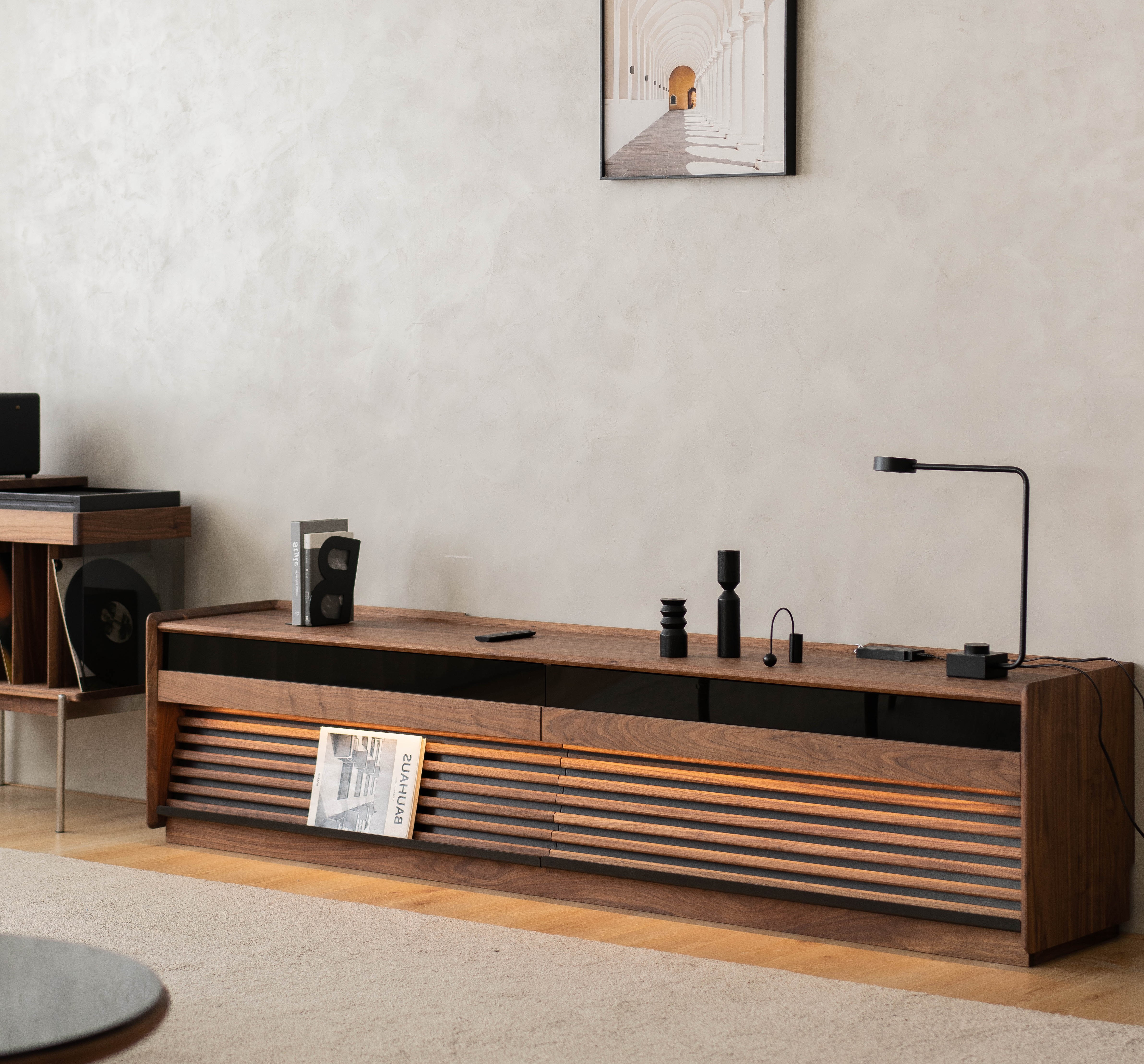 Solid wood furniture，furniture design ，product design，TV cabinet，No main lamp，Atmosphere lamp，