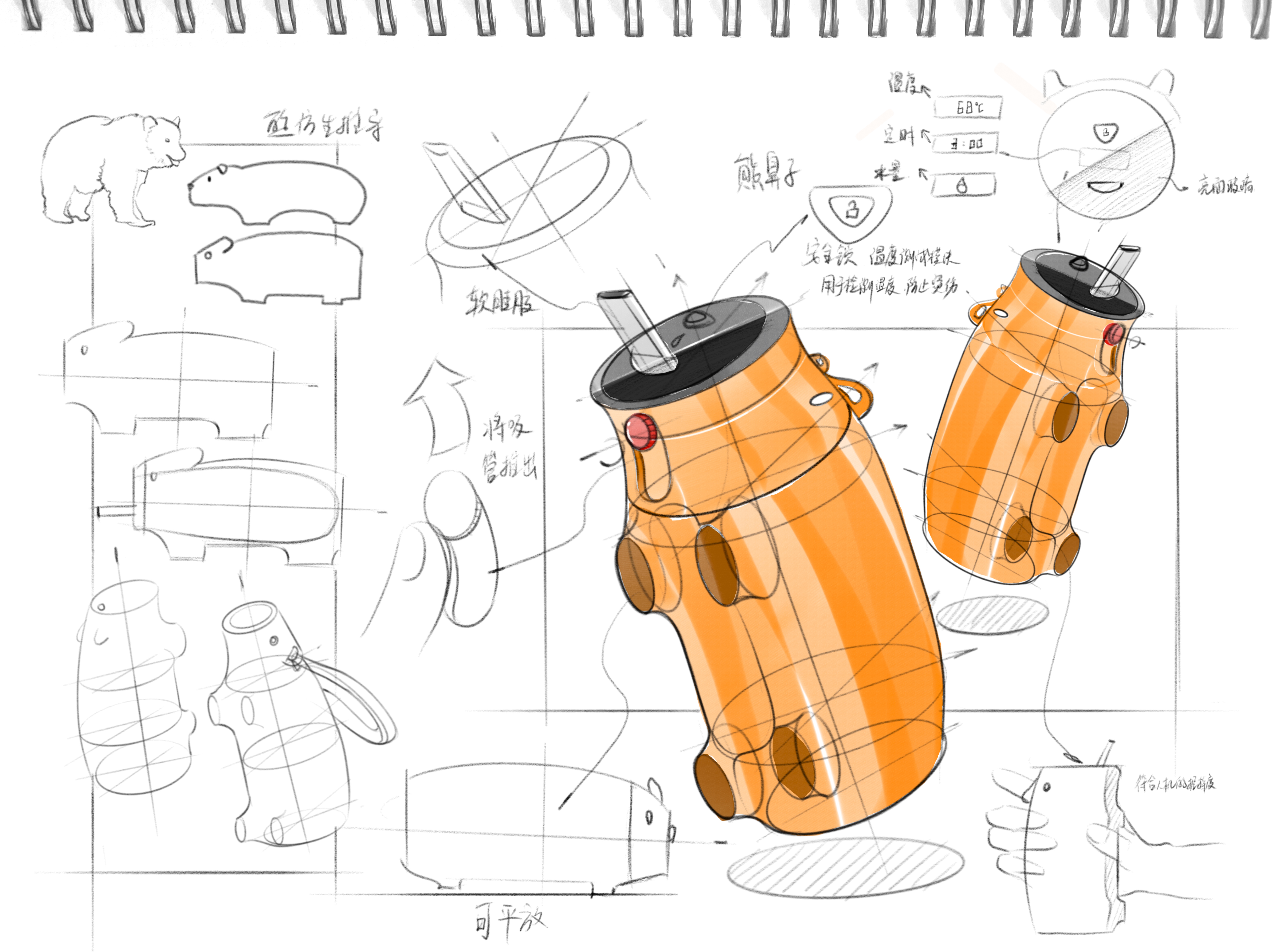 Product design sketch，Children's cup design，bionic product design，Product Sketch Deduce，Product details，