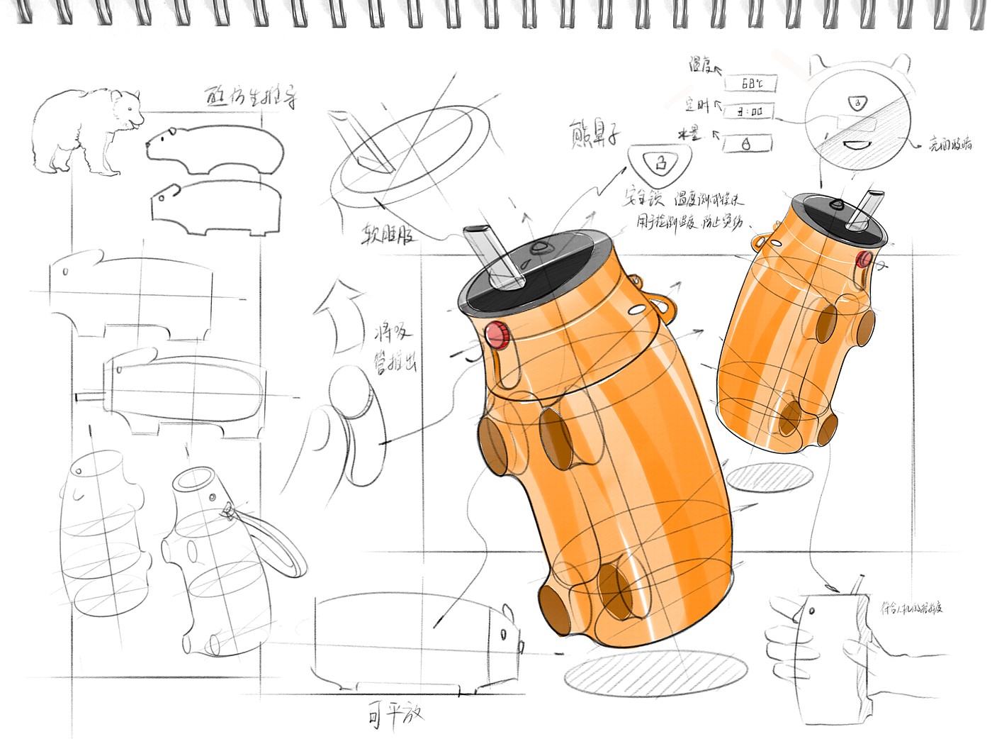 Product design sketch，Children's cup design，bionic product design，Product Sketch Deduce，Product details，