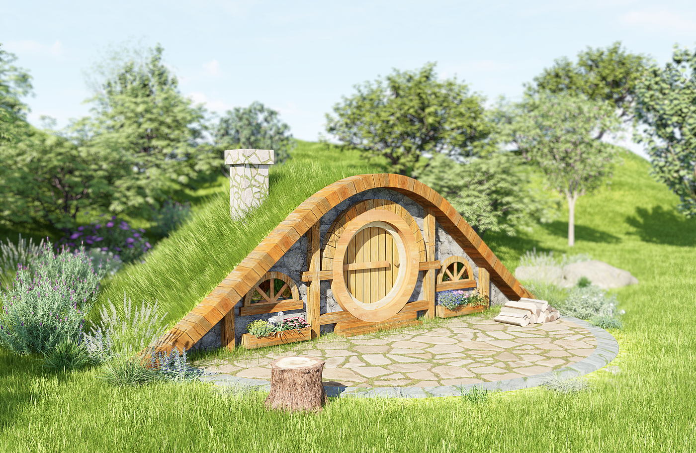 Fantasy，Wooden house，outdoors，The Hobbit Wooden House，