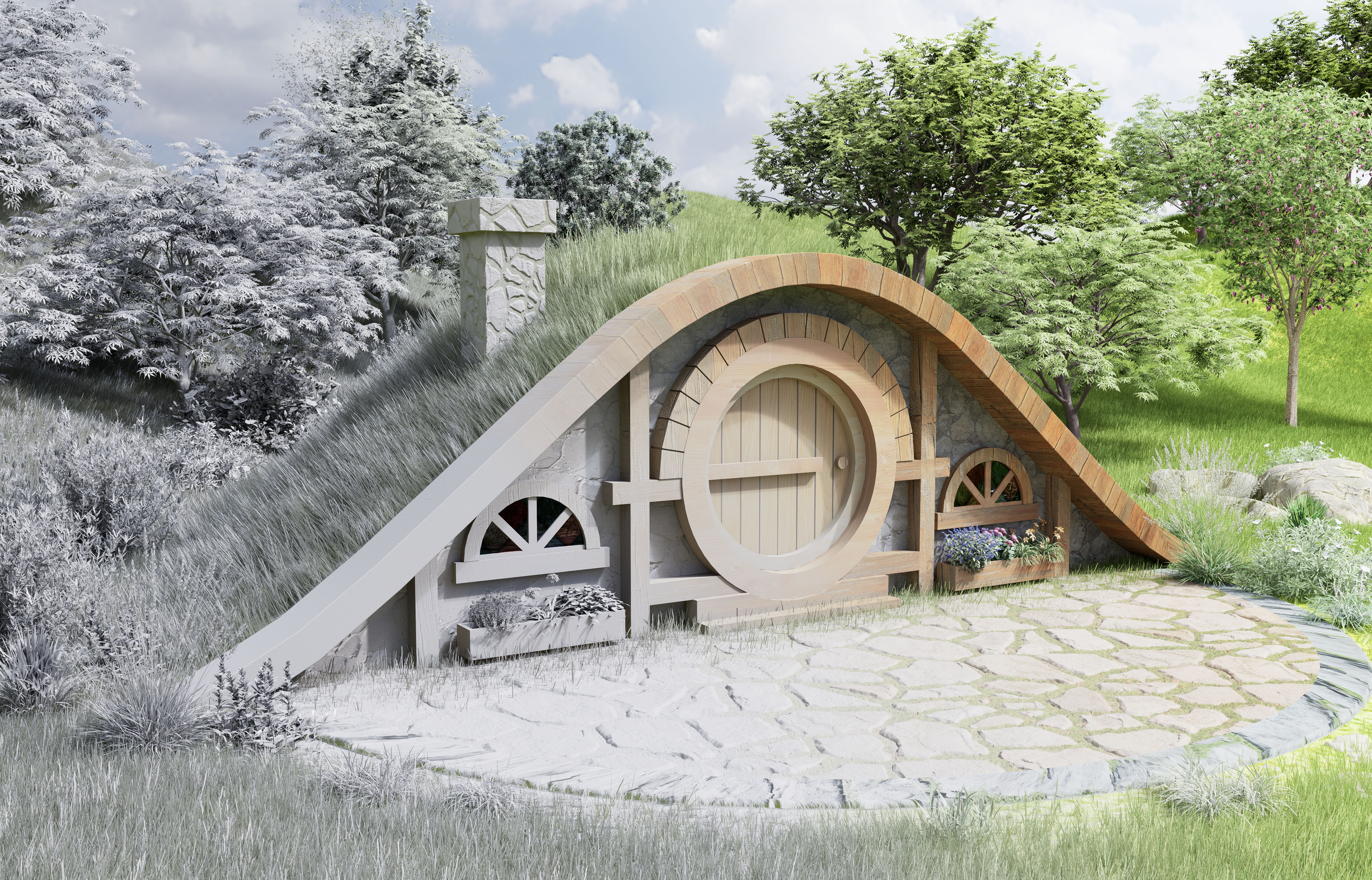 Fantasy，Wooden house，outdoors，The Hobbit Wooden House，
