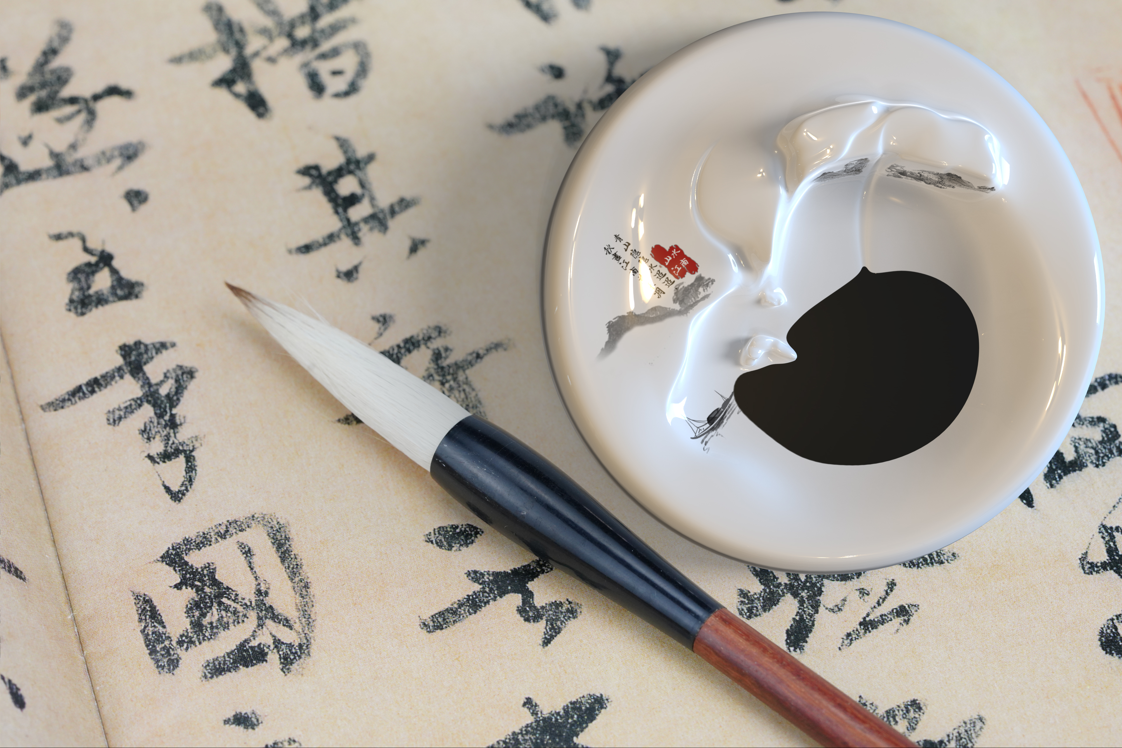 Inkstone，Ink and wash，Idiom Wen Chuang，Stationery，ceramics，artistic conception，Chinese style，Landscape painting，