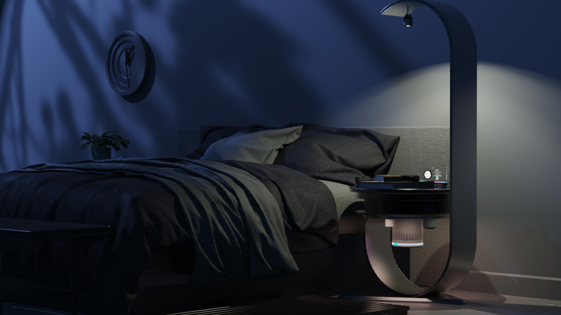 household electrical appliances，bedroom，intelligence，sleep，concept，Bedside lamp，Smart home，