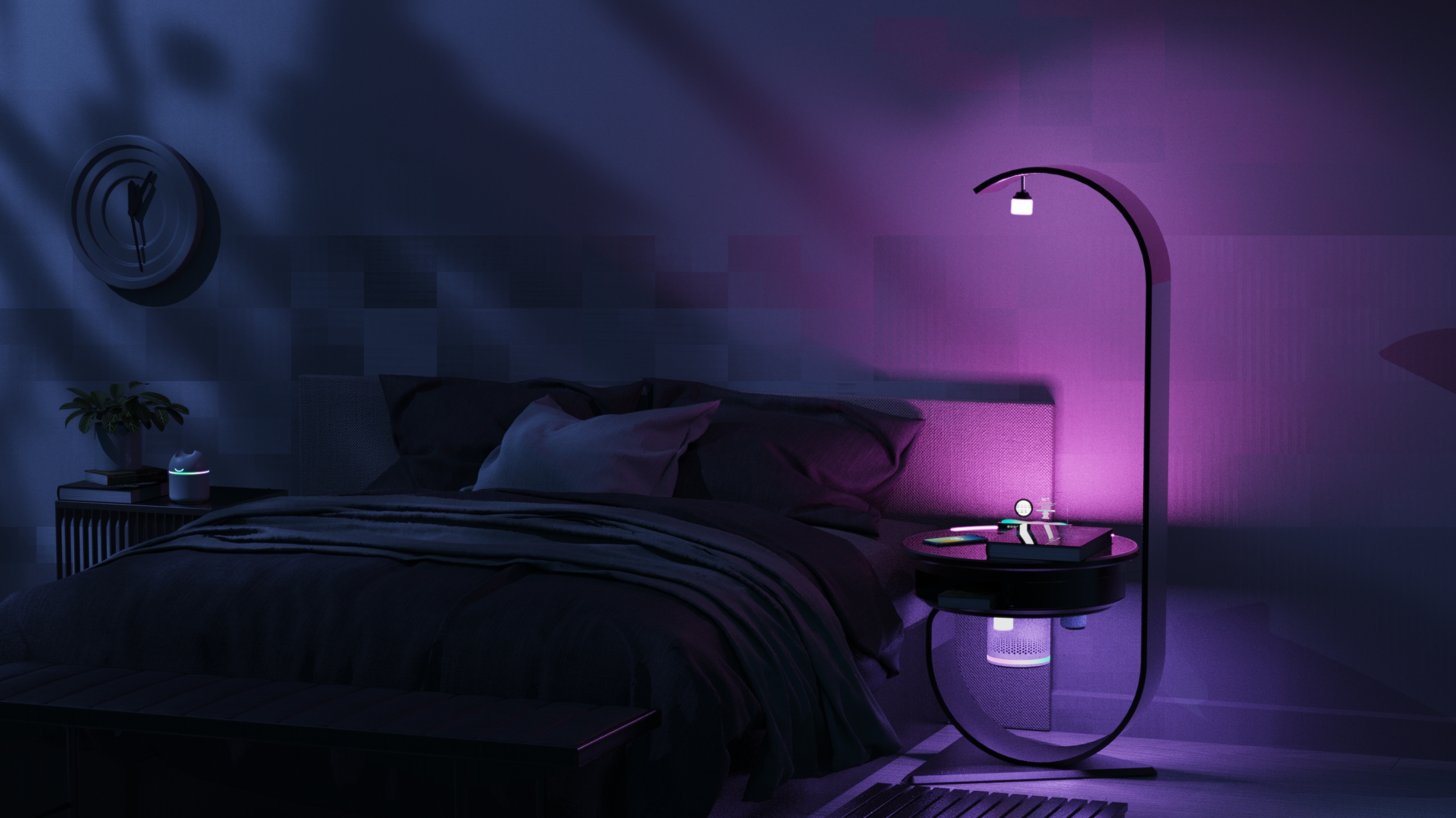 household electrical appliances，bedroom，intelligence，sleep，concept，Bedside lamp，Smart home，