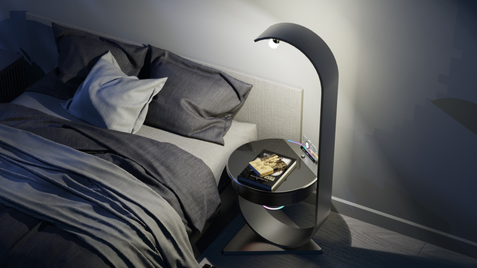 household electrical appliances，bedroom，intelligence，sleep，concept，Bedside lamp，Smart home，