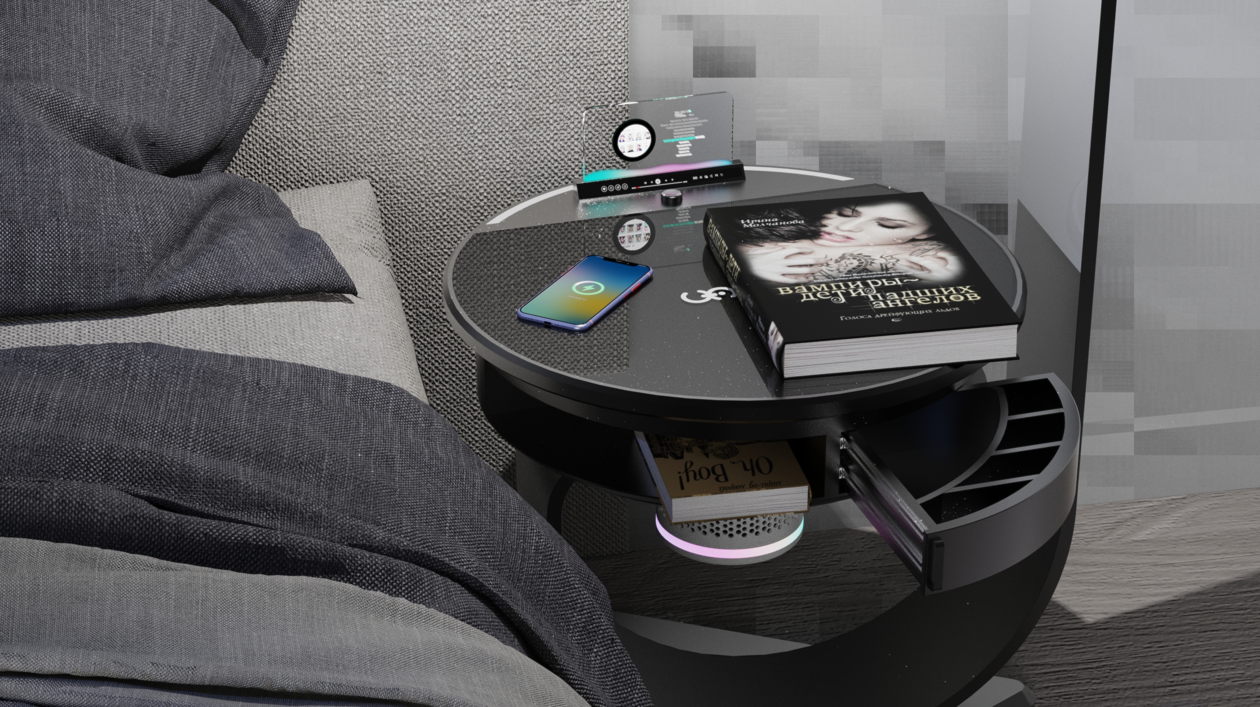 household electrical appliances，bedroom，intelligence，sleep，concept，Bedside lamp，Smart home，