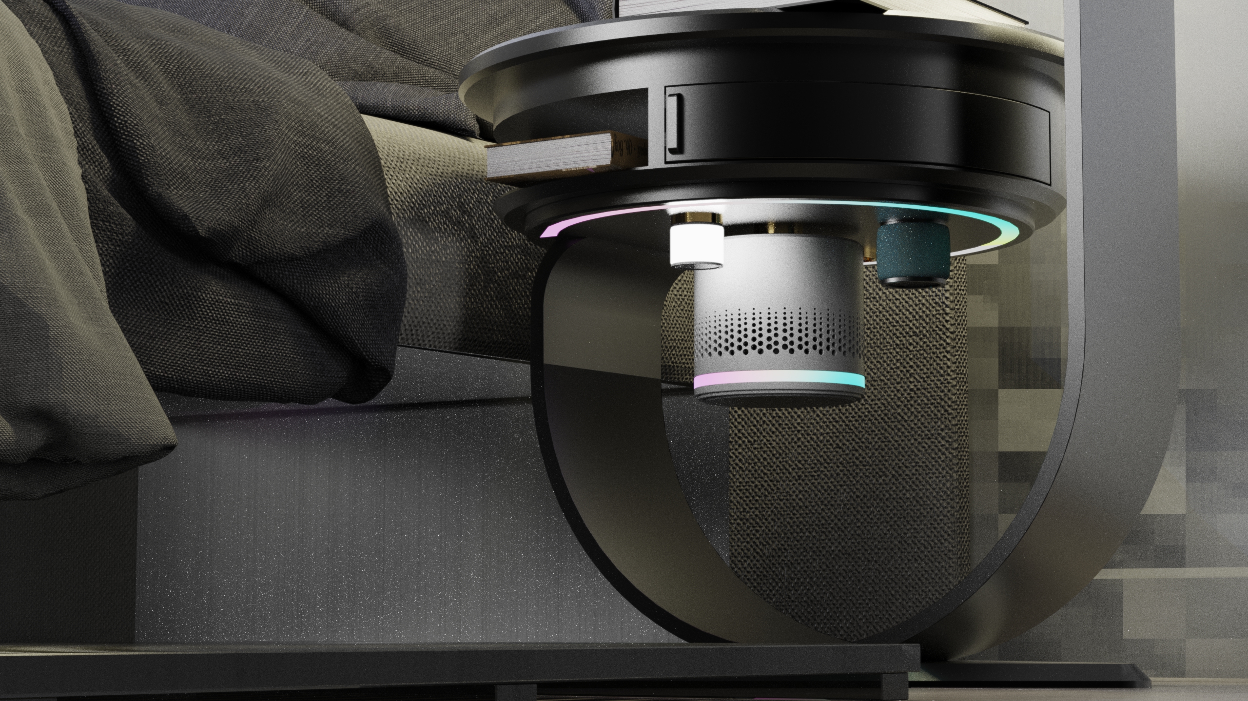 household electrical appliances，bedroom，intelligence，sleep，concept，Bedside lamp，Smart home，