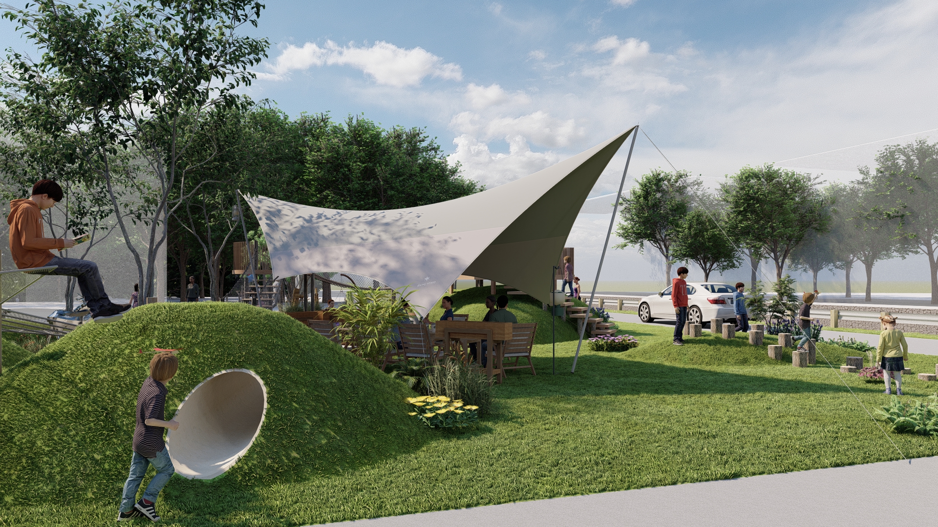 Kindergarten, outdoor activities, large toys，