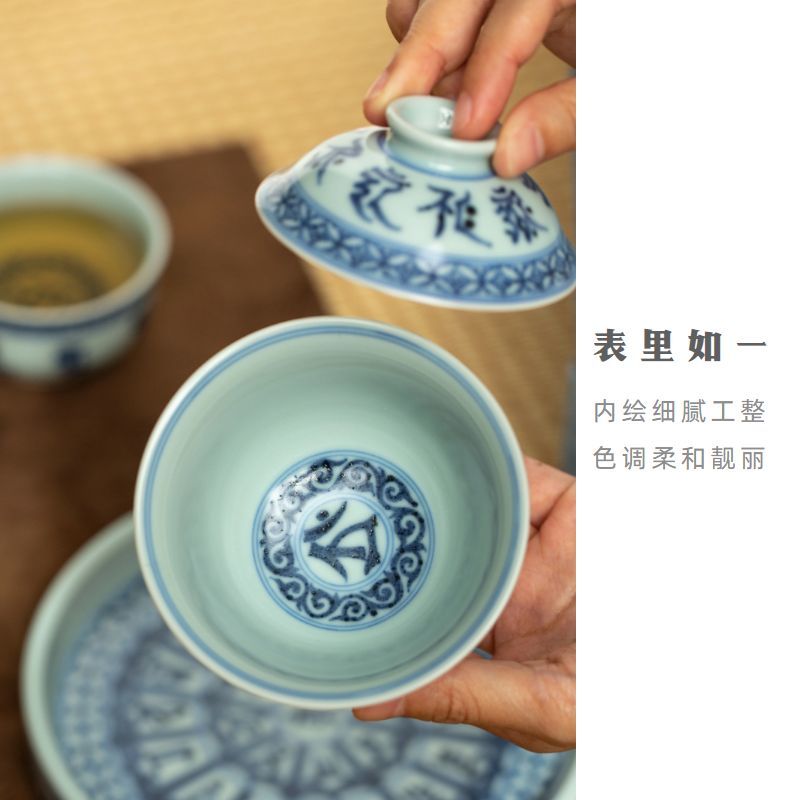 Hand-painted blue and flower ceramic tea set set，