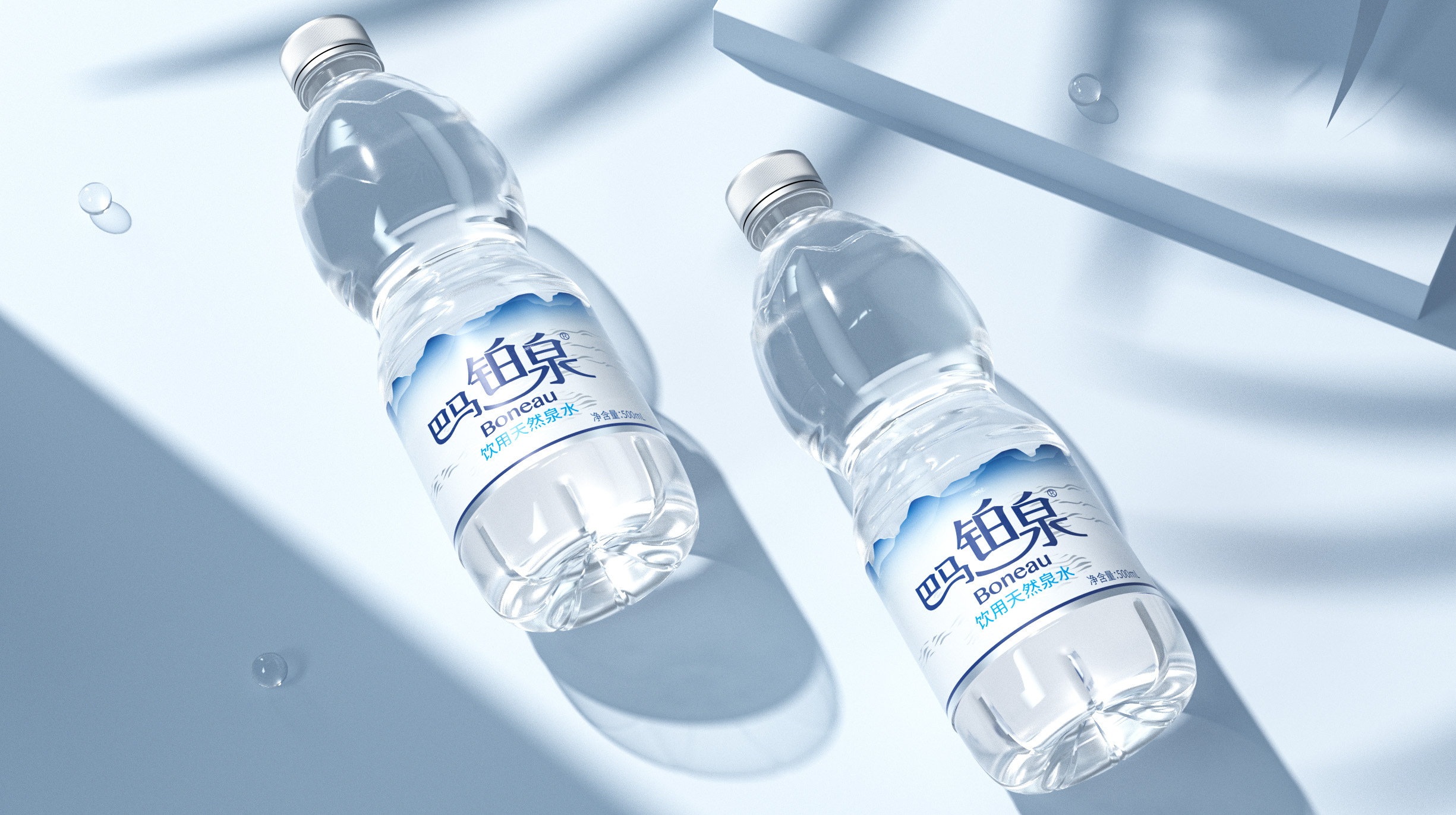 packing design，Bottle design，Bottle type and bottle label，Natural mineral water，Bama Platinum Spring，Illustration design，3D rendering，