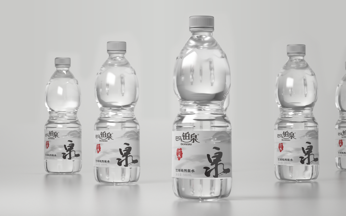 packing design，Bottle design，Bottle type and bottle label，Natural mineral water，Bama Platinum Spring，Illustration design，3D rendering，
