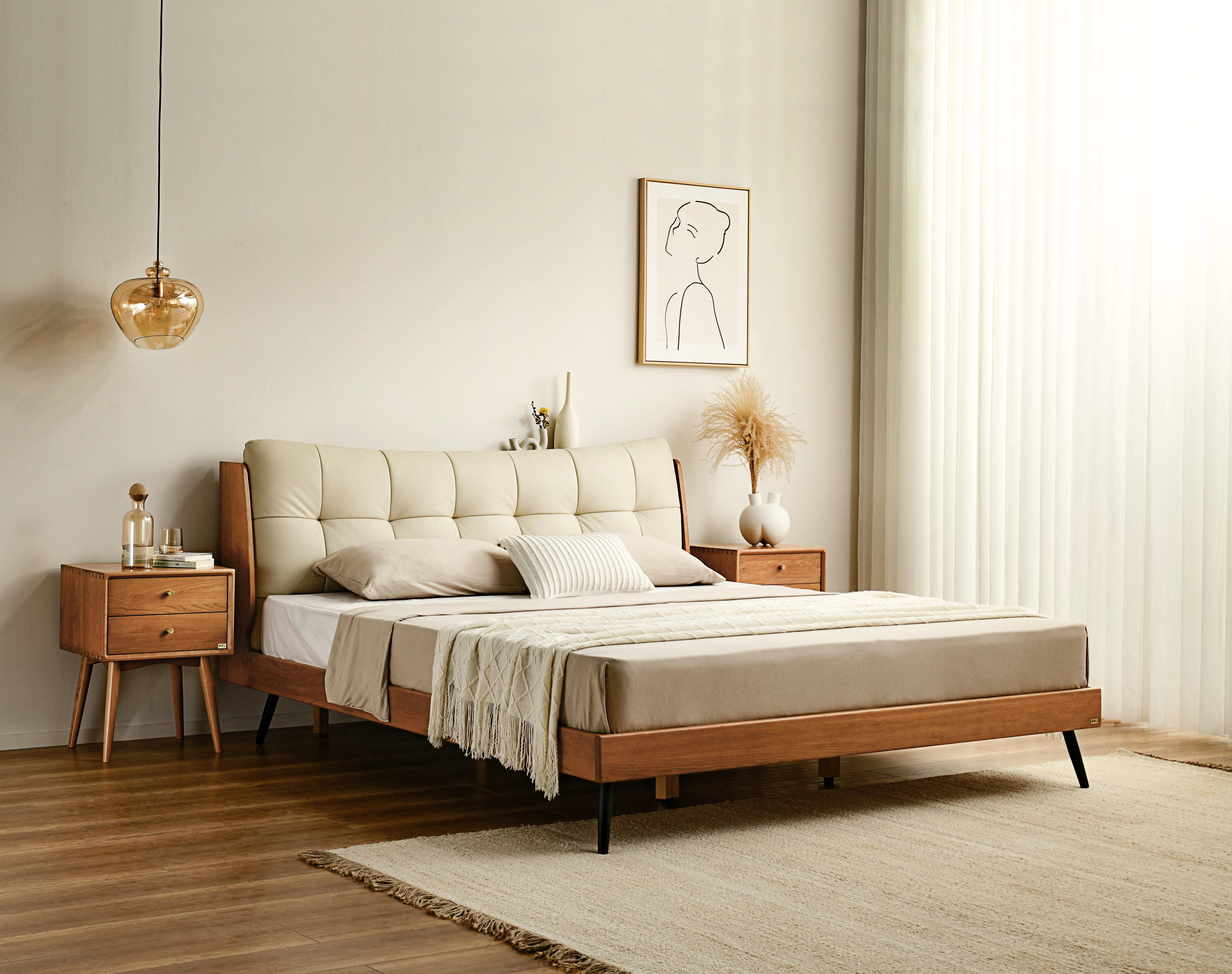 Solid Wood · Bed · Cherry Wood · Leather Bag，