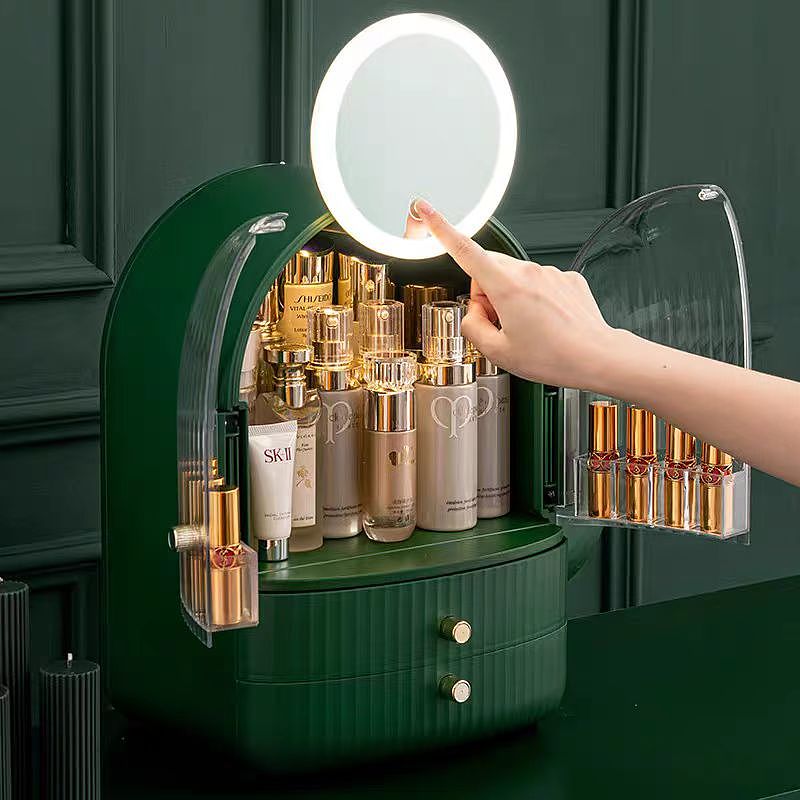 Cosmetic storage box，Dust with mirror integrated，Rotatable desktop，