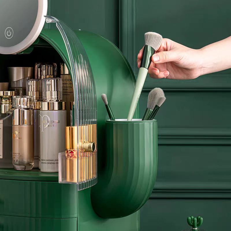 Cosmetic storage box，Dust with mirror integrated，Rotatable desktop，