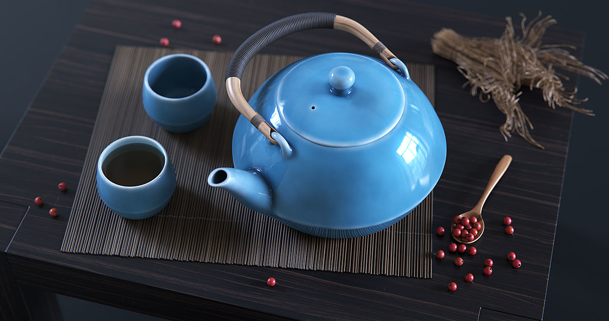 茶壶，茶杯，套装，陶器，MAXWELL渲染，