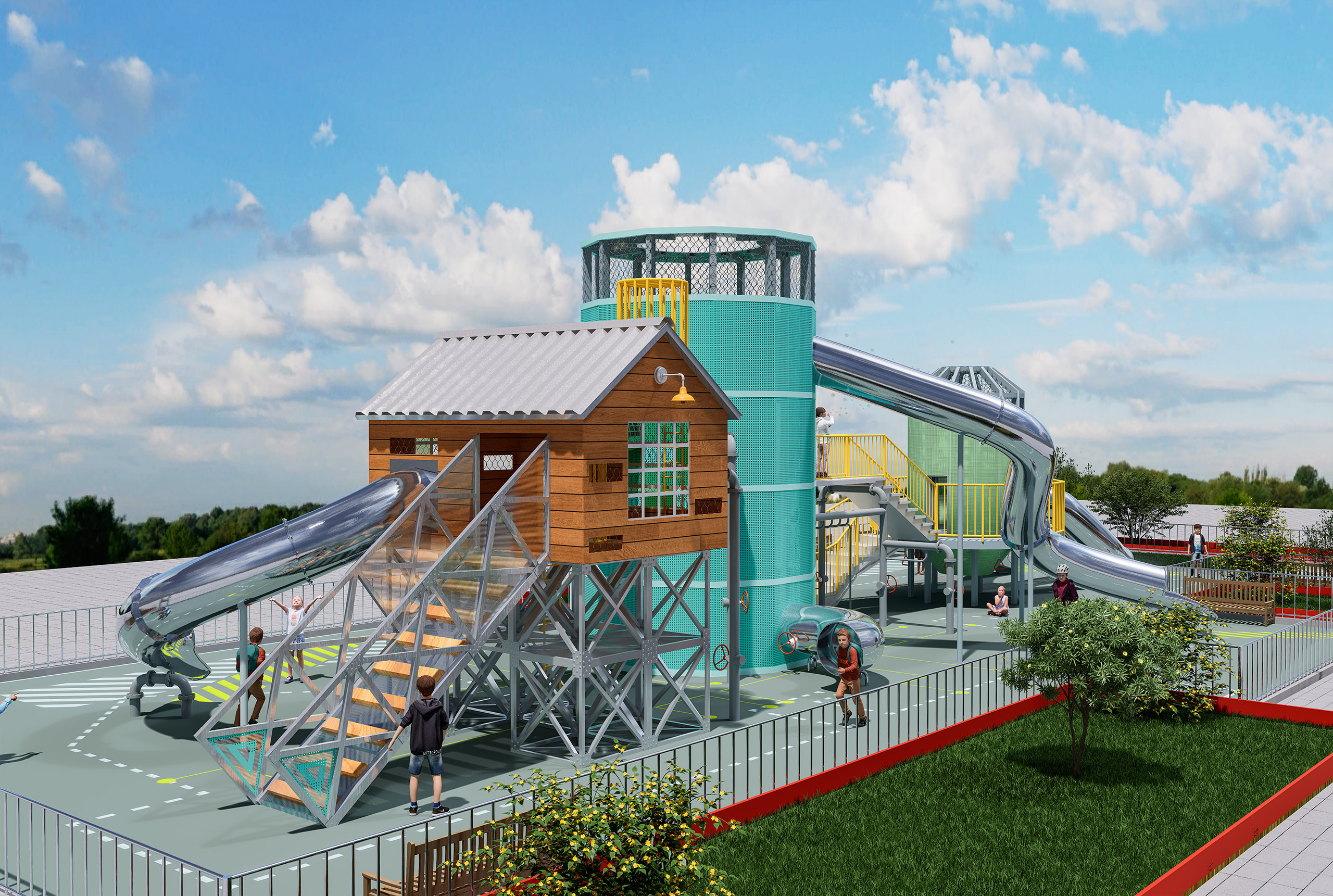 modeling，Outdoor recreation，Slide，park，old building renovation，Children's Playground，