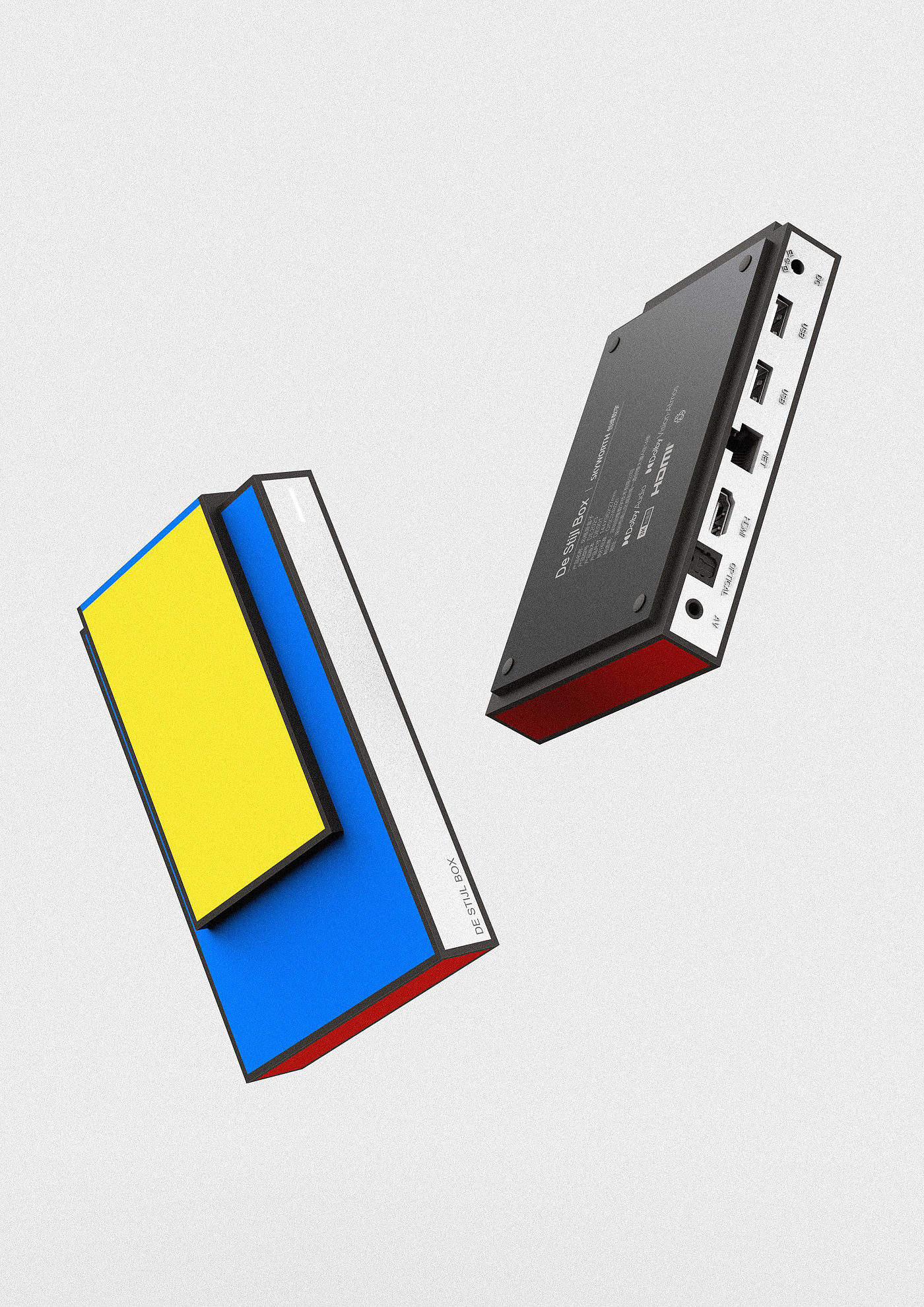 Set top box，Box，Hard disk，Mondrian，Style school，Red yellow blue，block，concise，