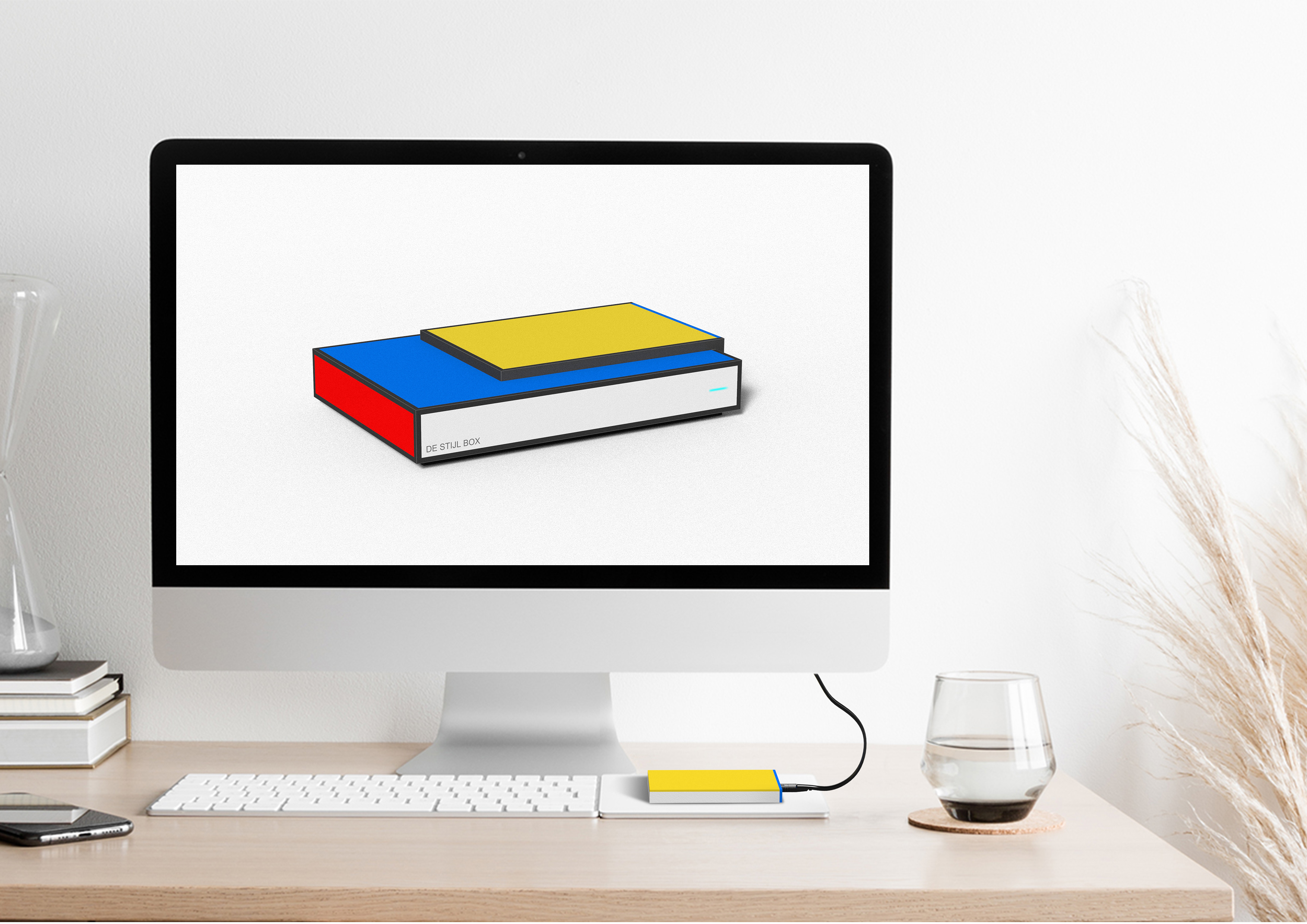Set top box，Box，Hard disk，Mondrian，Style school，Red yellow blue，block，concise，