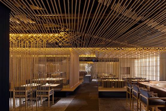 Bamboo theme，Japanese cuisine，Dining environment，Japanese courtyard，Japanese style，Bamboo series，inspiration，Interior design，Sushi，screen，lighting，Freehand brushwork，natural，