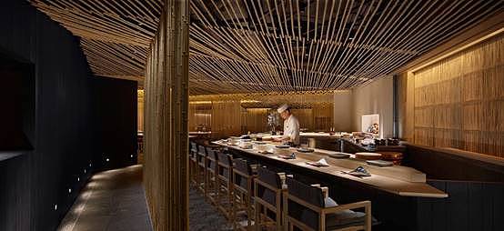 Bamboo theme，Japanese cuisine，Dining environment，Japanese courtyard，Japanese style，Bamboo series，inspiration，Interior design，Sushi，screen，lighting，Freehand brushwork，natural，