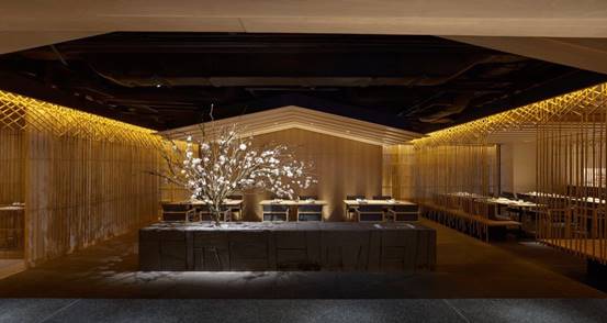 Bamboo theme，Japanese cuisine，Dining environment，Japanese courtyard，Japanese style，Bamboo series，inspiration，Interior design，Sushi，screen，lighting，Freehand brushwork，natural，
