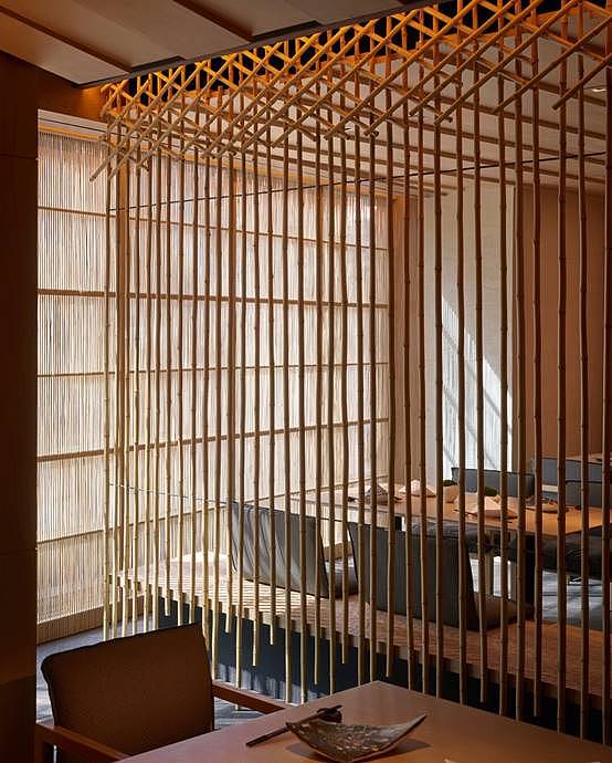 Bamboo theme，Japanese cuisine，Dining environment，Japanese courtyard，Japanese style，Bamboo series，inspiration，Interior design，Sushi，screen，lighting，Freehand brushwork，natural，