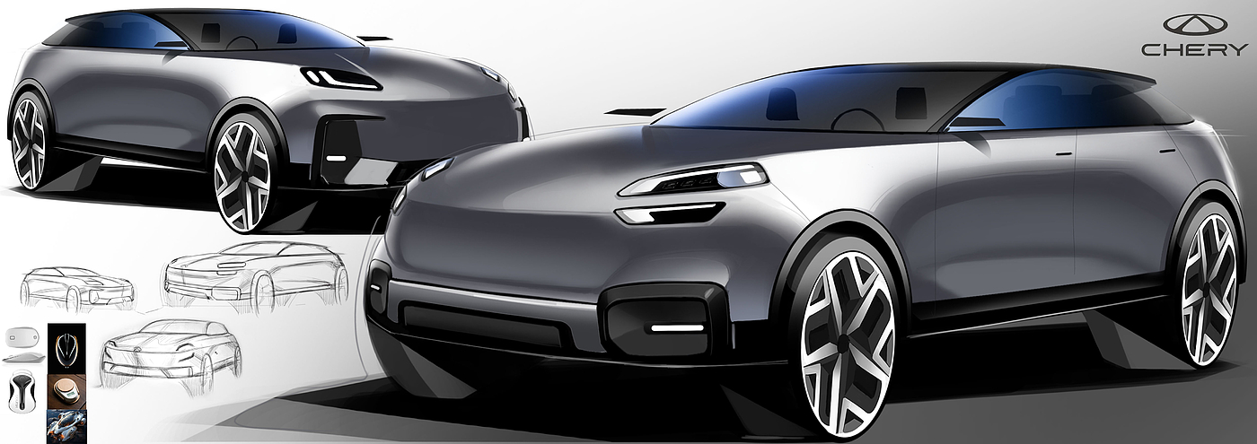 Automobile design，industrial design，Two-bit rendering，Automobile exterior decoration design，Hand drawn，product design，