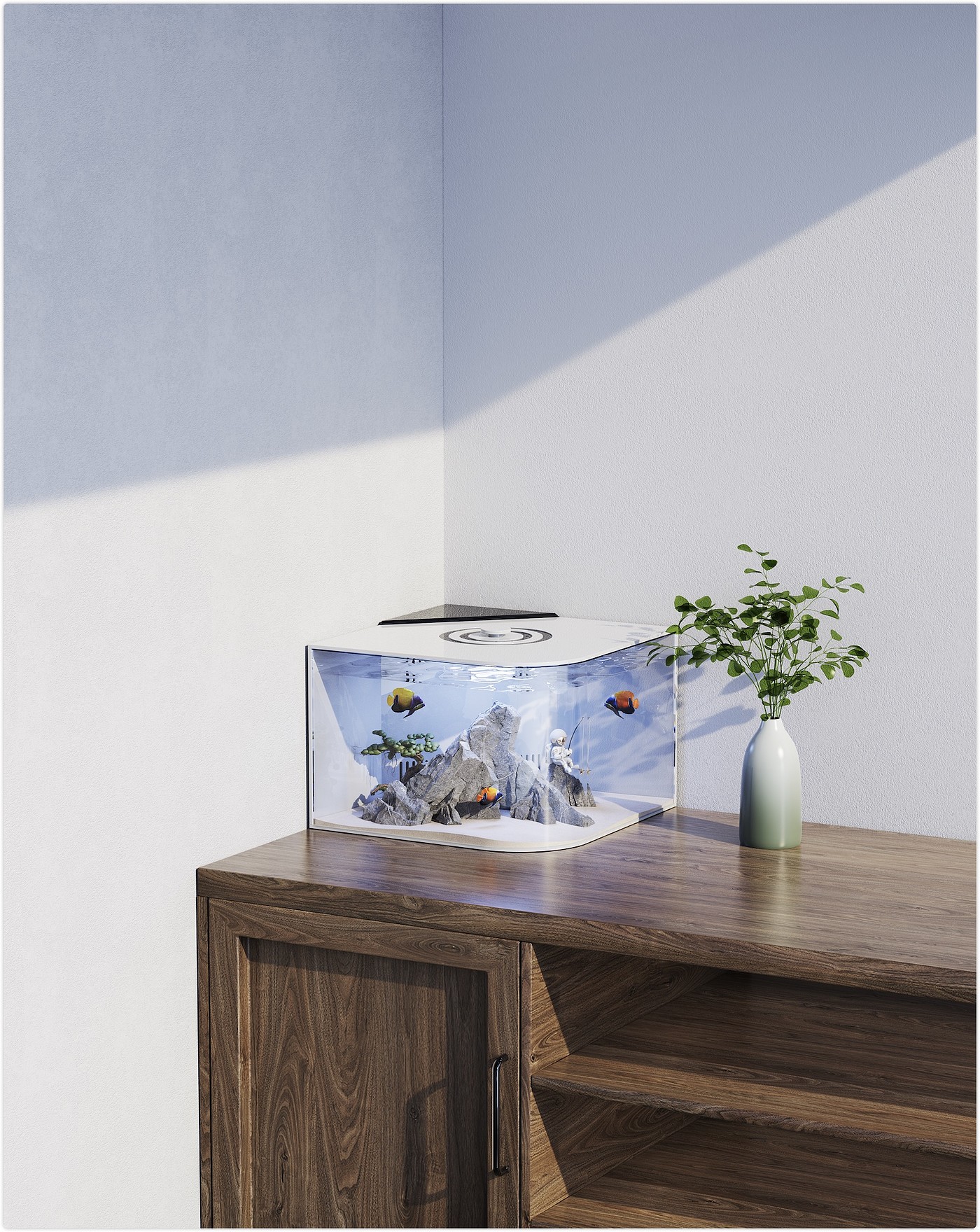 Right angle design, large rounded corners, fish tank, integrated wide-angle window，