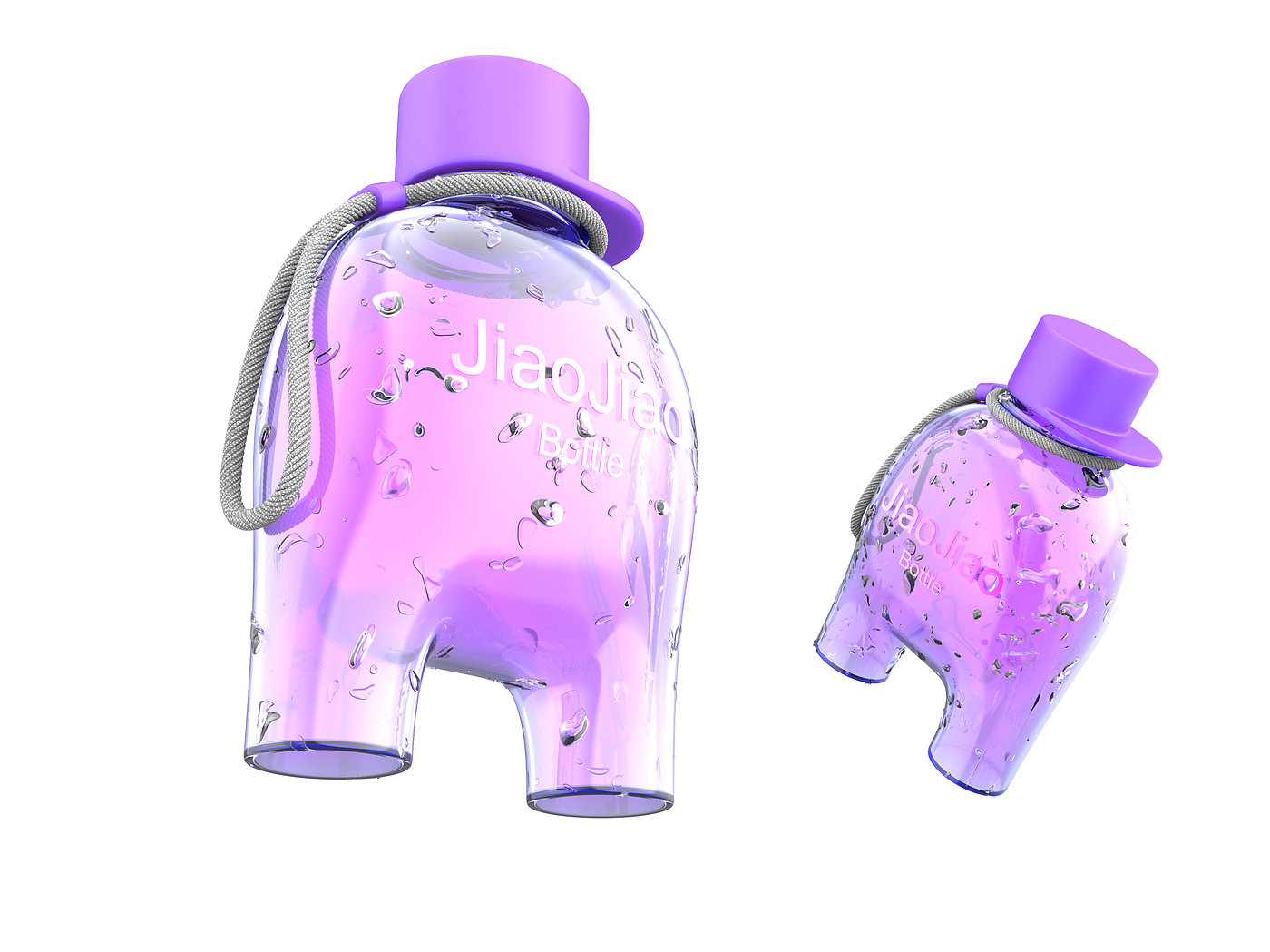 Water bottle, anthropomorphic design, water droplets, pink，