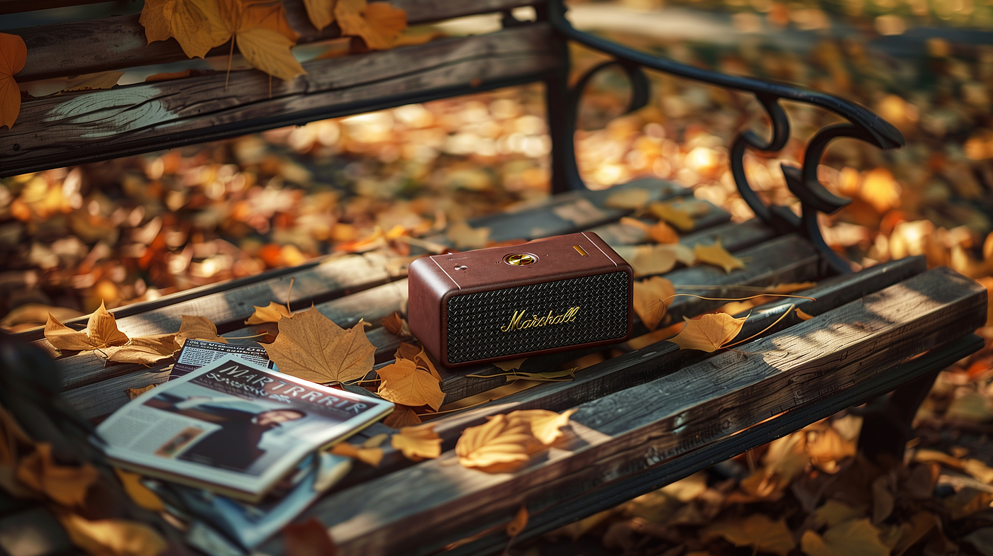 sound，Product rendering，Realistic，ai，outdoors，fallen leaves，