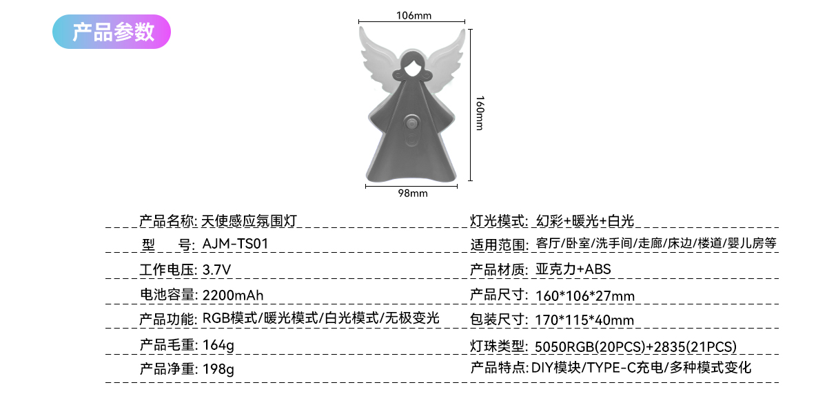 RGB，Induction lamp，Multiple modes of DIY，Angel modeling，New Children's Room Angel Wall Lamp，Christmas Halloween Children's Gift Explosions，