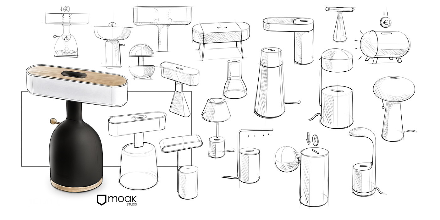 台灯设计，音响设计，扬声器，灯具，创意脑洞，圆柱体设计，木头与塑料，创新开关方式，风能，黑白配，白色与木头，