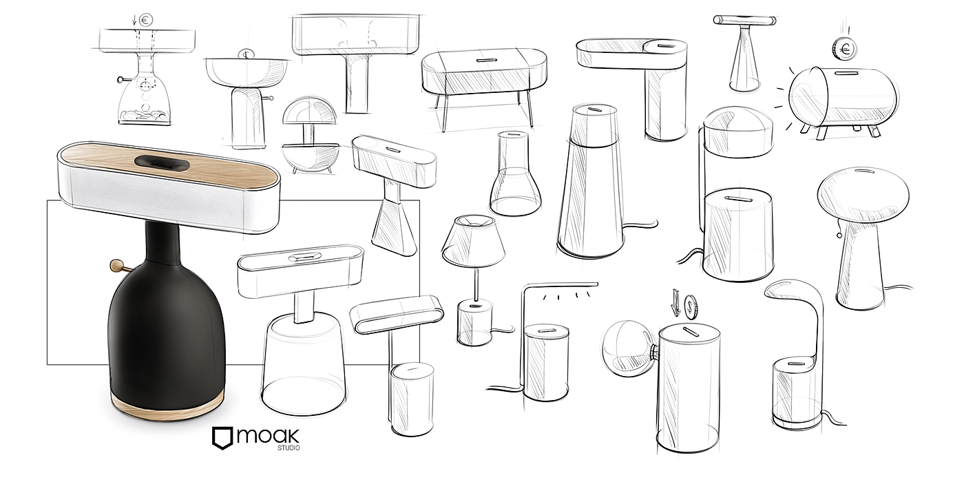 Table lamp design，sound design ，speaker，lamps and lanterns，Creative brain hole，Cylinder design，Wood and plastic，Innovative switching mode，Wind energy，Black and white matching，White and wood，