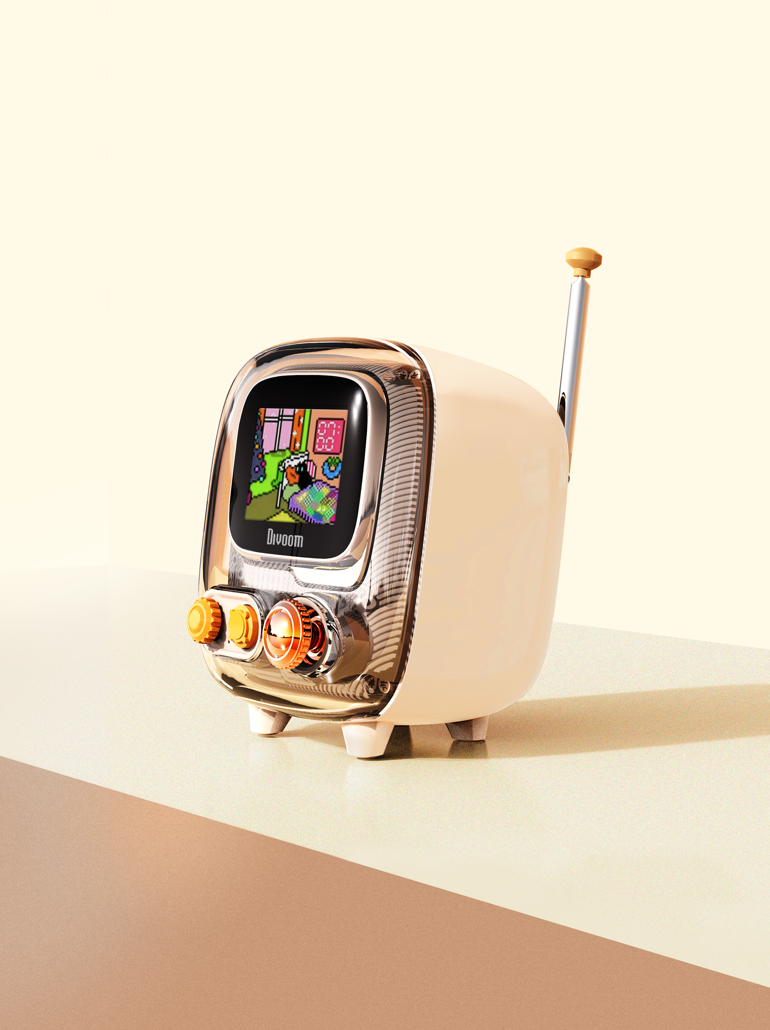 product design，album speaker，Retro small TV，Bluetooth Speaker ，The table is set up.，