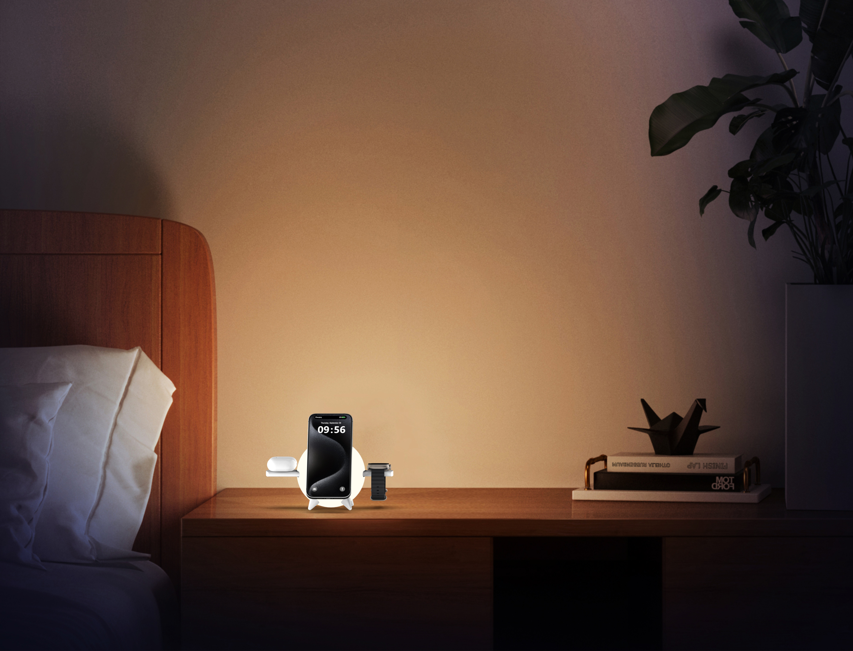 Magnetic suction three-in-one wireless night light，iphone magnetic three-in-one wireless charger with night light，