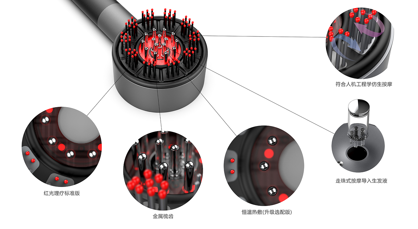 智能按摩器，头皮按摩梳，生发梳，理疗梳，红光按摩梳，