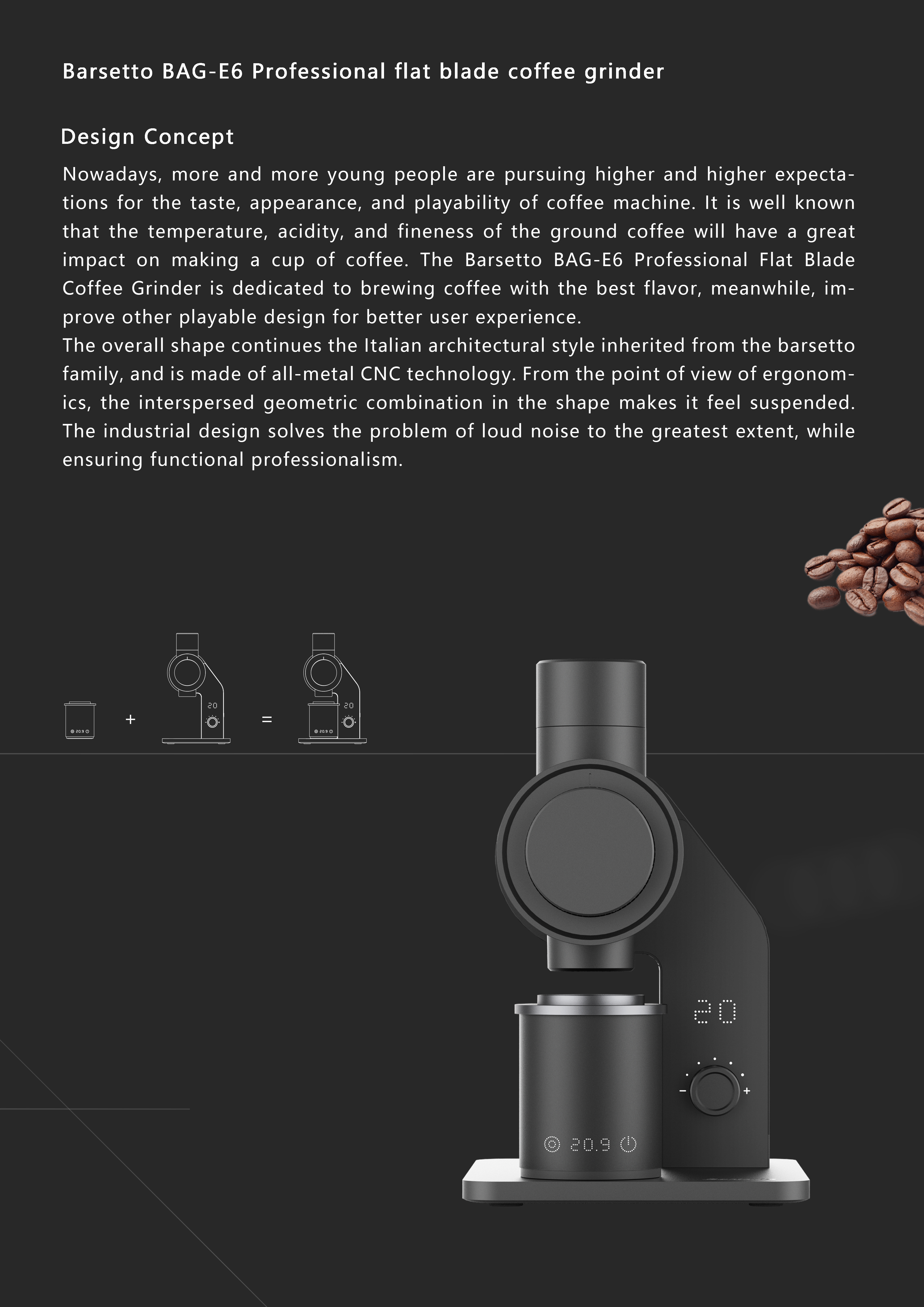 Brushless motor，64MM Titanium Plated Flat Knife，industrial design，Bean grinder，product design，Barsetto，Yum Chart，Intelligent with weighing powder cup，