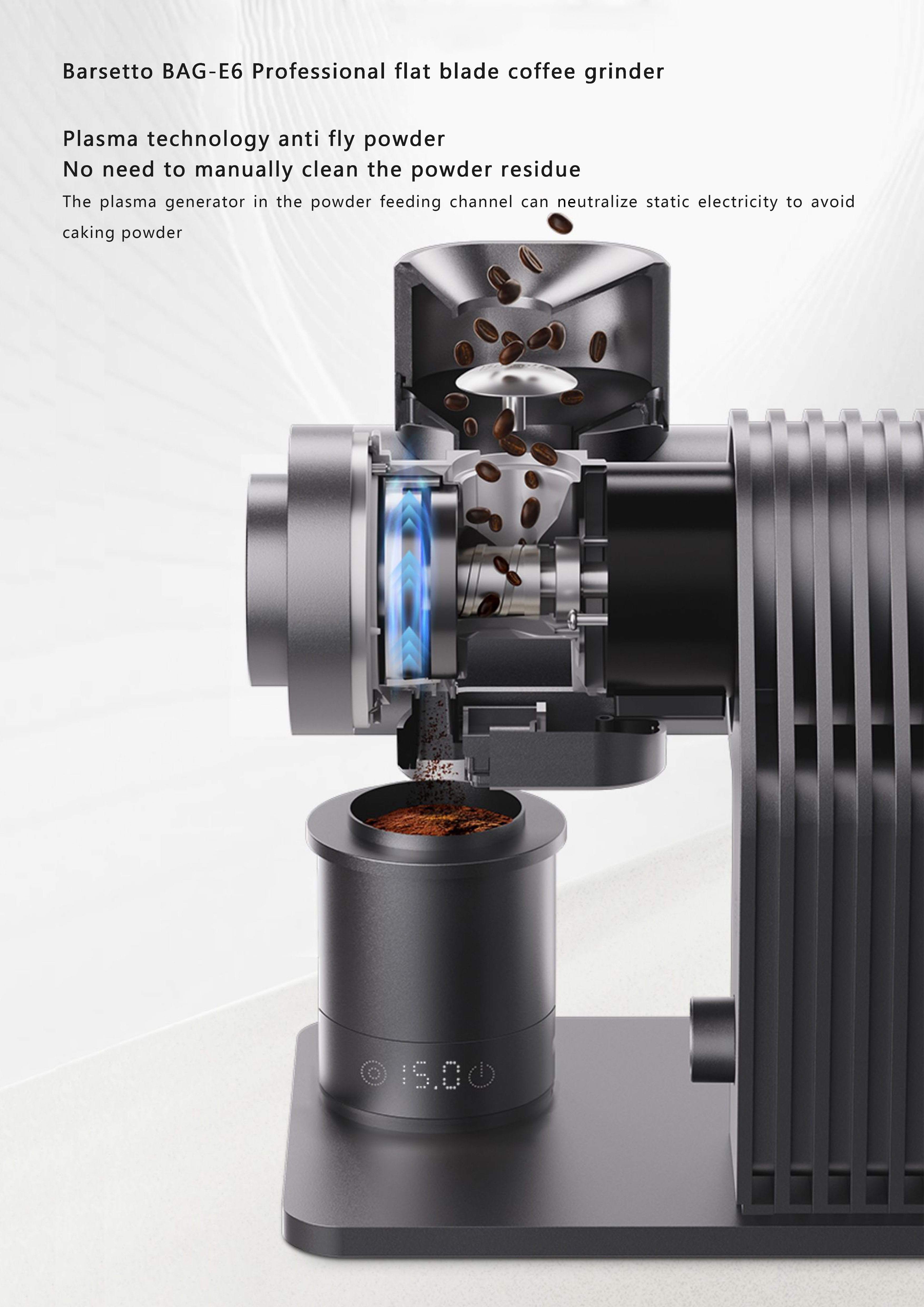 Brushless motor，64MM Titanium Plated Flat Knife，industrial design，Bean grinder，product design，Barsetto，Yum Chart，Intelligent with weighing powder cup，