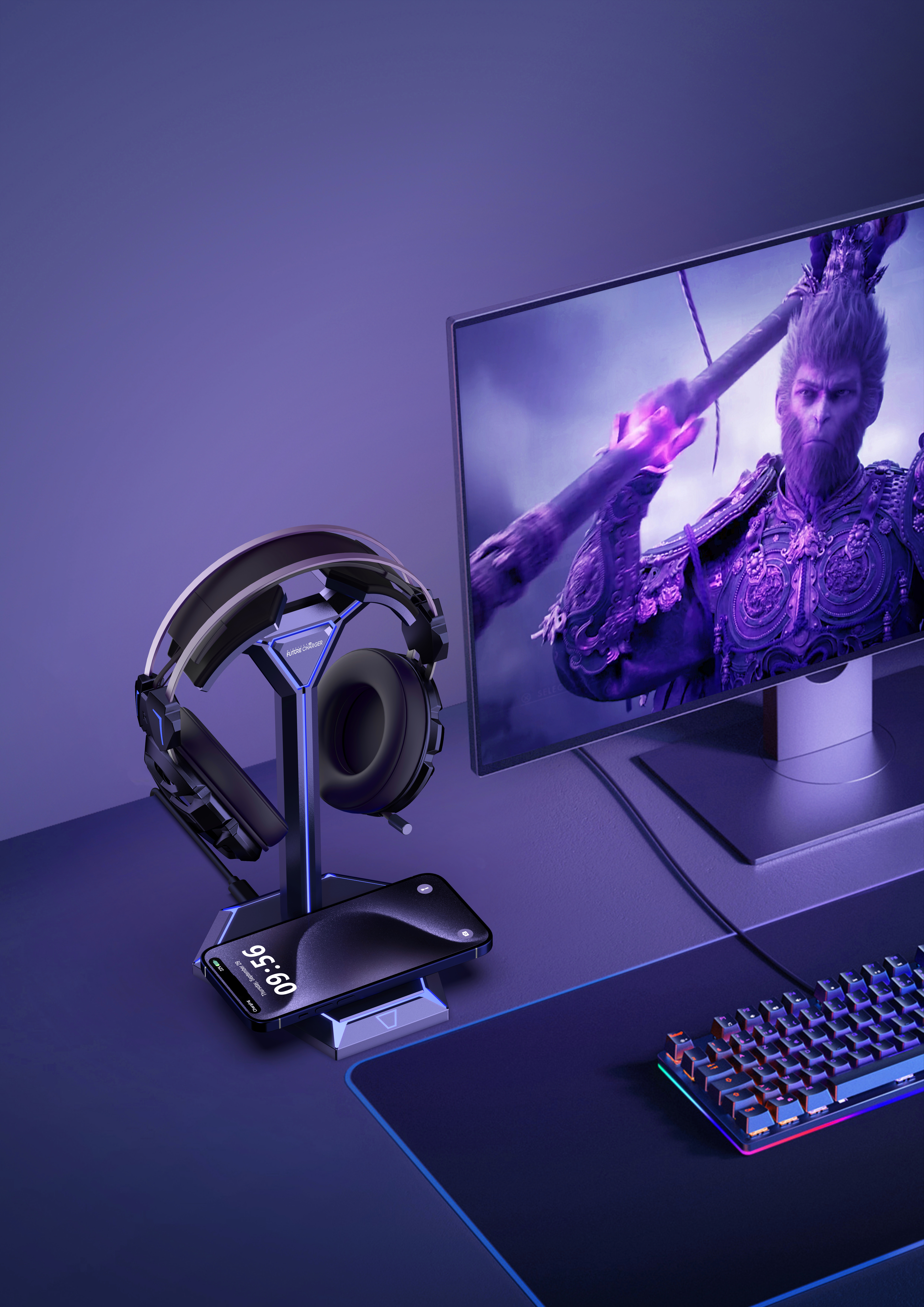 Mecha headset wireless charging，Mecha headset stand with iphone wireless，