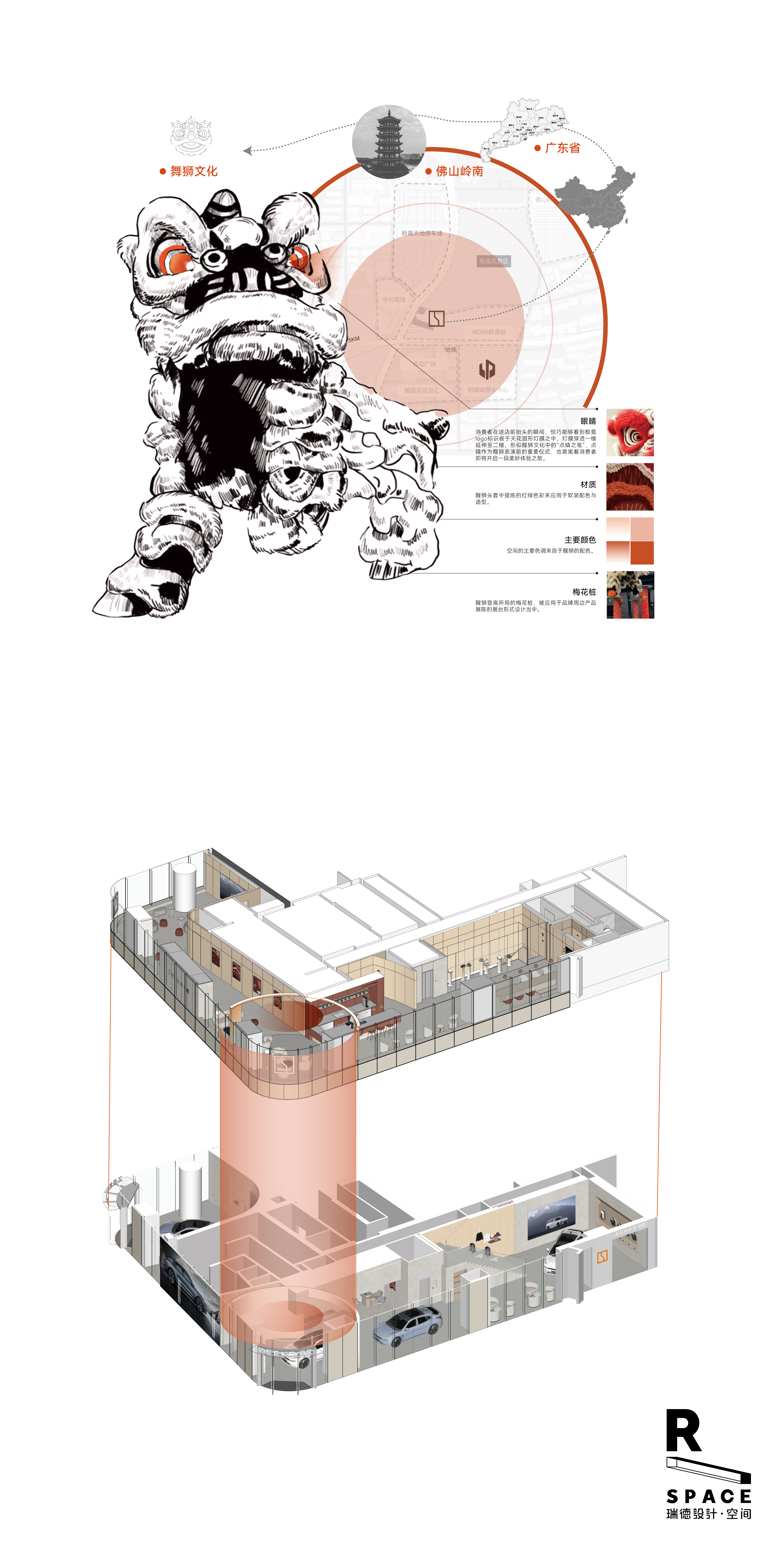 Original works，Commercial space design，New energy vehicle，Pole Krypton Center，Foshan lion dance，In the local culture，Red design，Hangzhou design company，