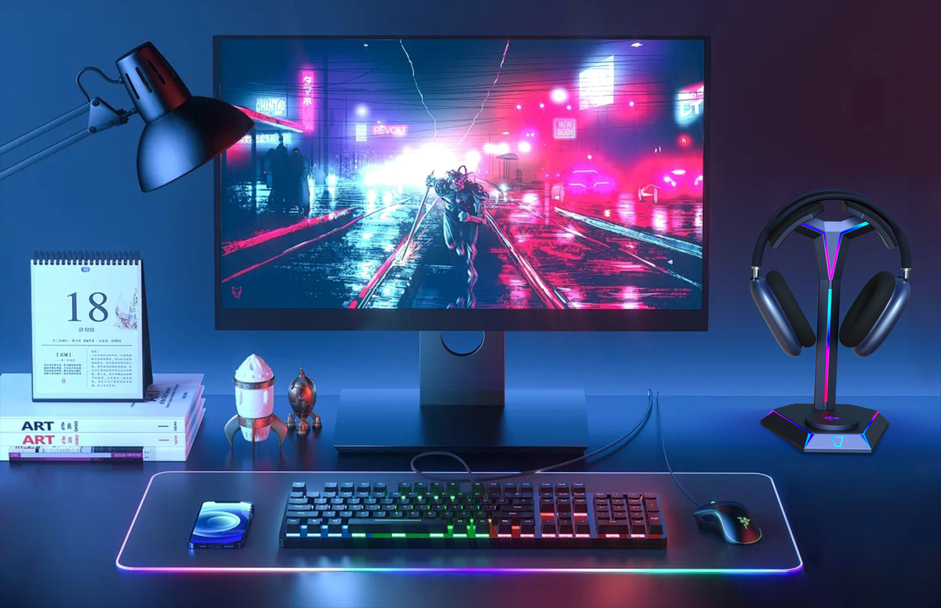 Earphone bracket，Mecha headset holder with LED light，