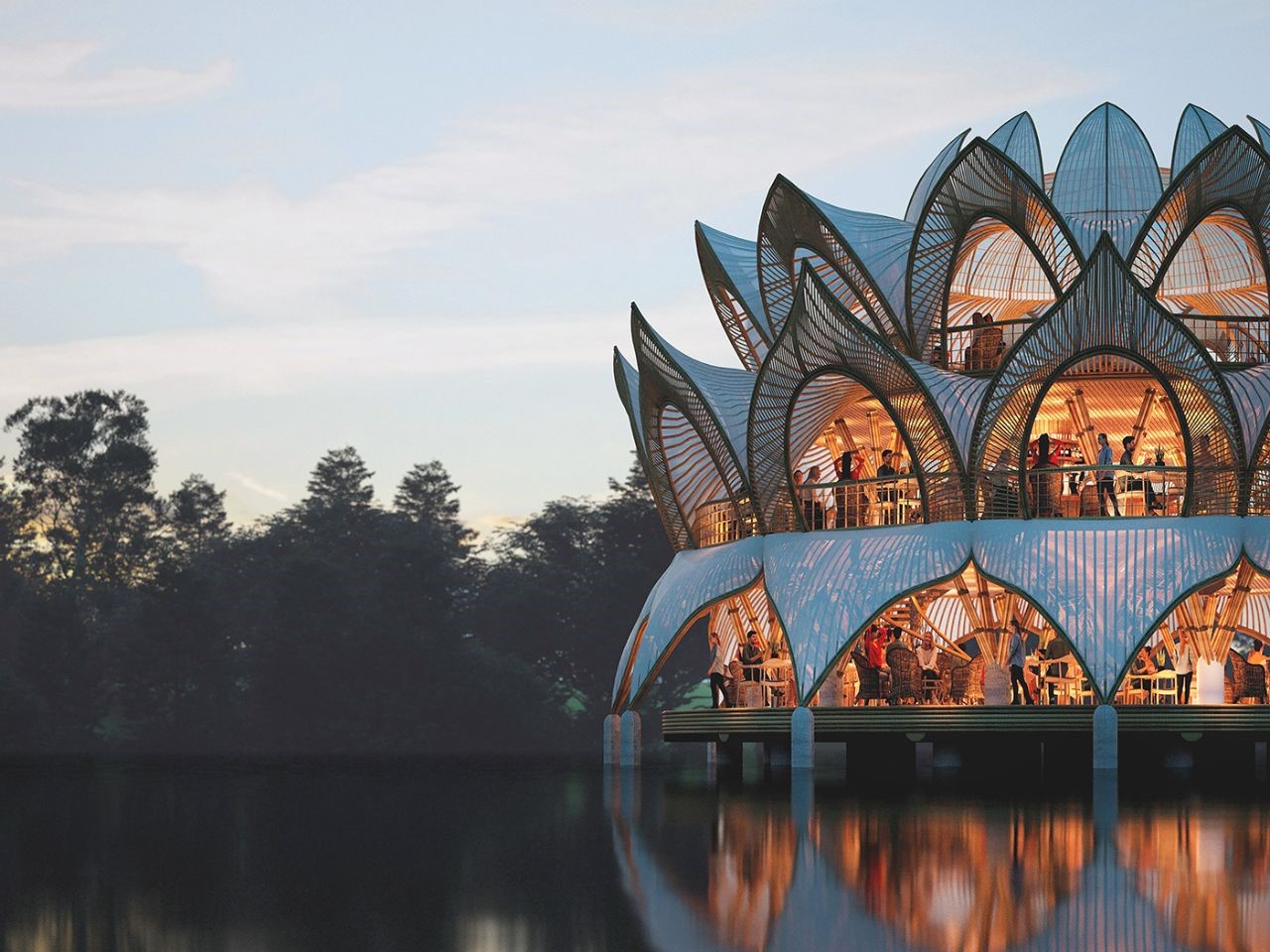 floating building，Nelumbo，restaurant，Lotus，Sustainable design，