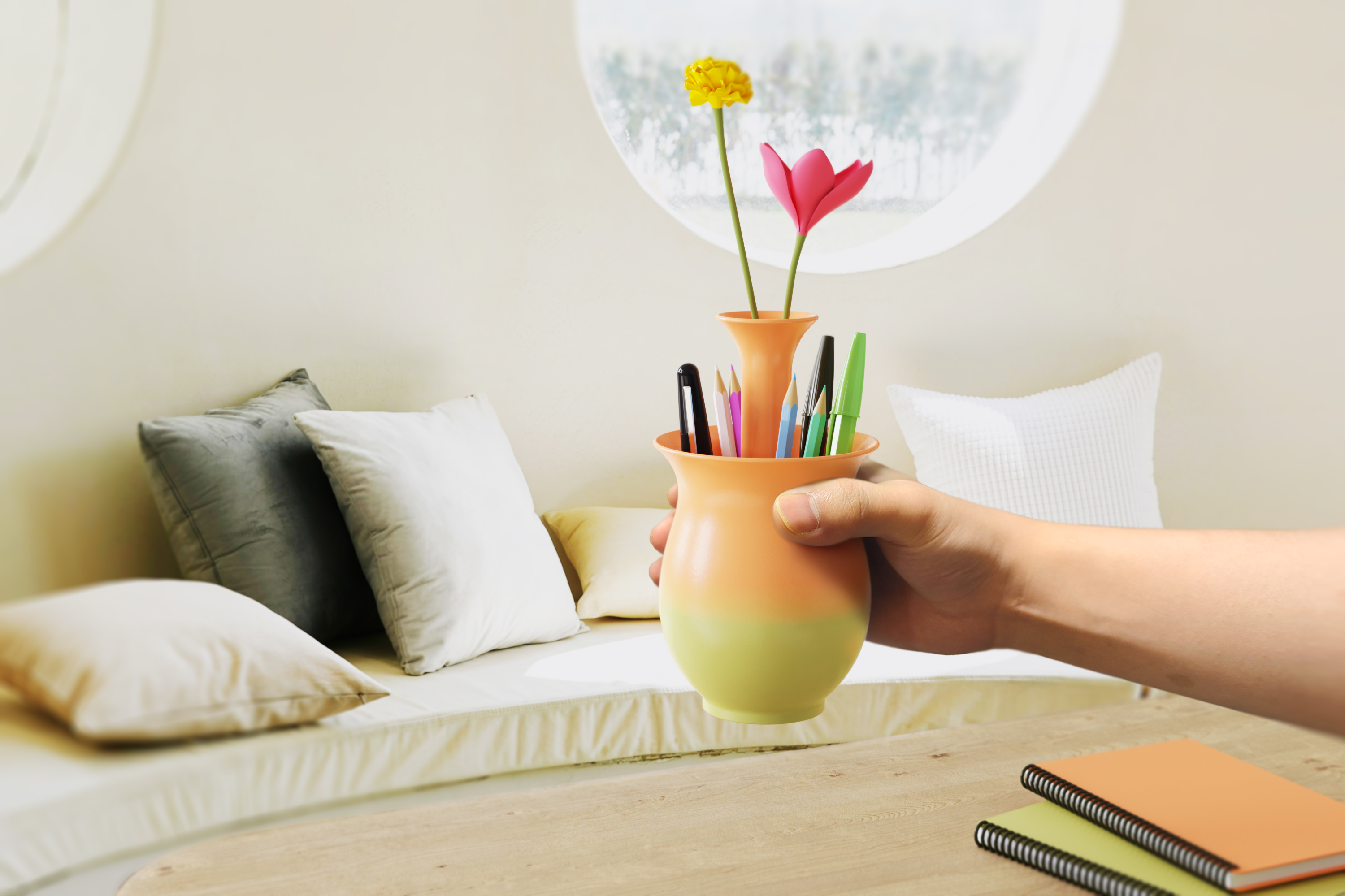 flower arrangement，pen container，Office Supplies，vase，desktop，decorate，originality，Gradient，