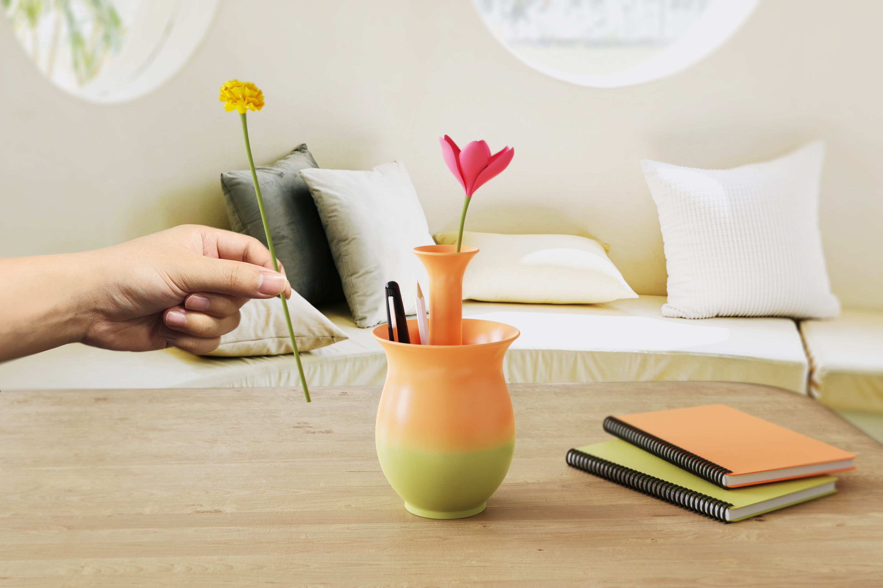 flower arrangement，pen container，Office Supplies，vase，desktop，decorate，originality，Gradient，