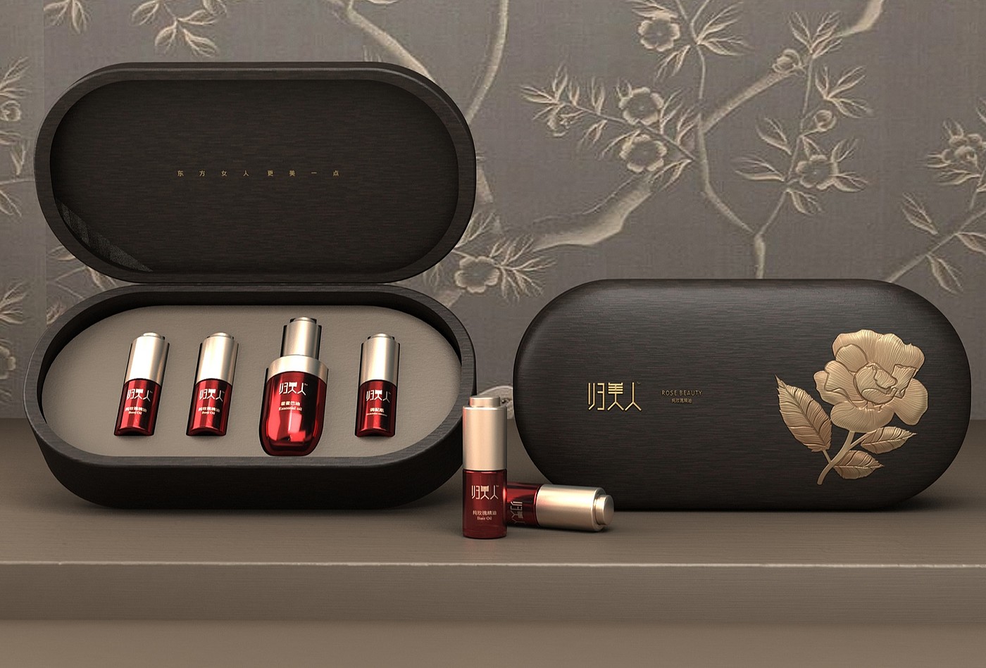 Rose essential oil packaging design，Essential oil gift box packaging design，Essential oil suit gift box packaging，