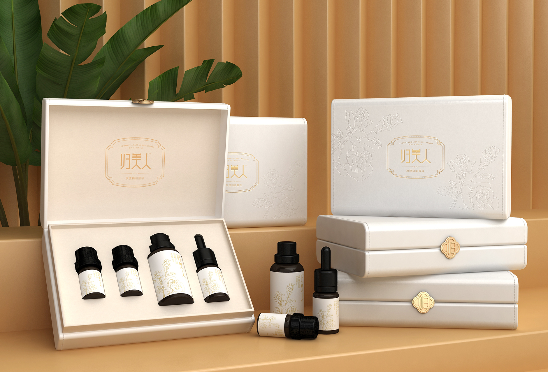 Rose essential oil packaging design，Essential oil gift box packaging design，Essential oil suit gift box packaging，