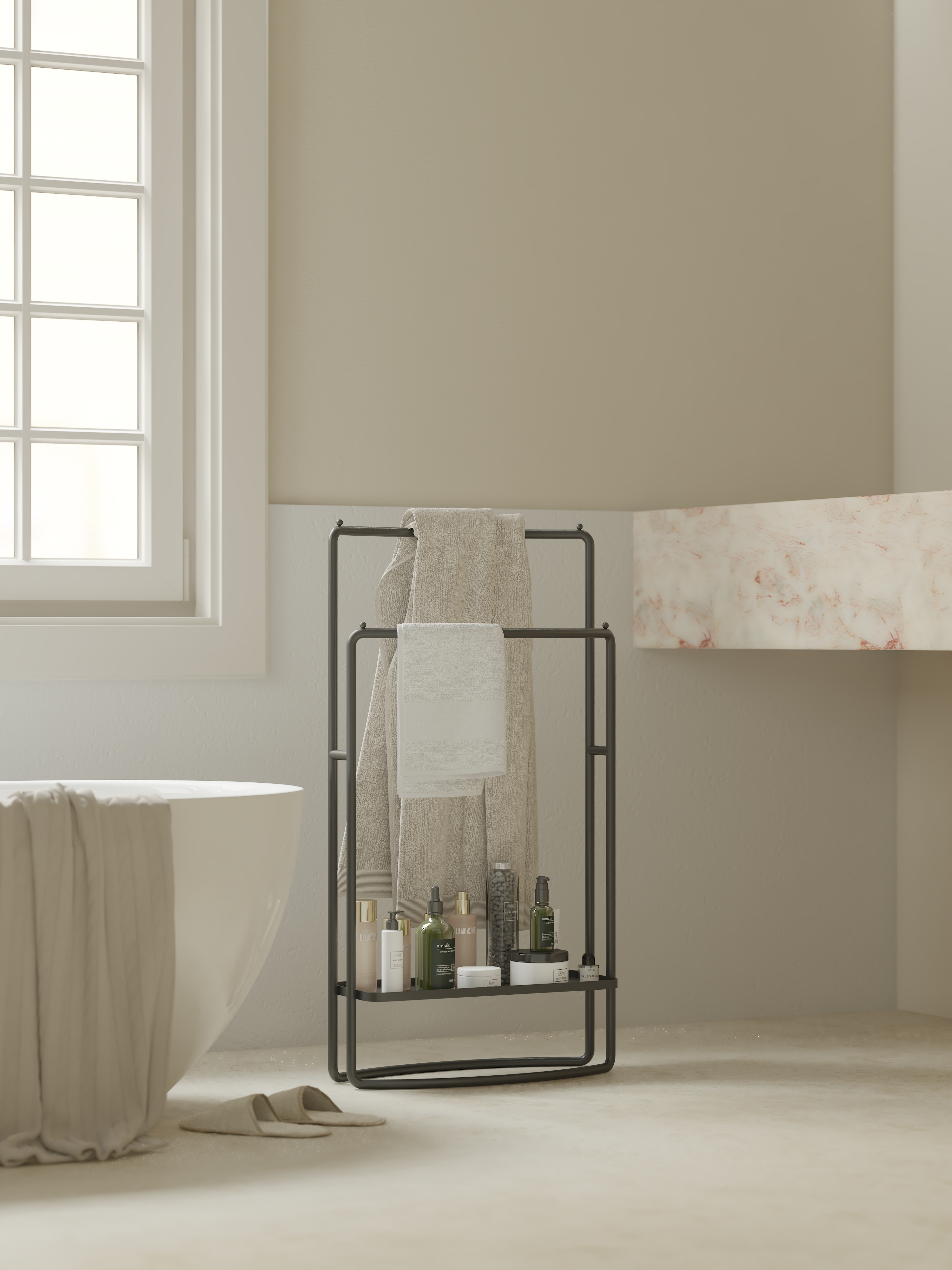 Bathroom rack，Towel rack，Bathroom Storage，TOILET，Storage rack，Floor towel rack，Cream wind，Minimalist，
