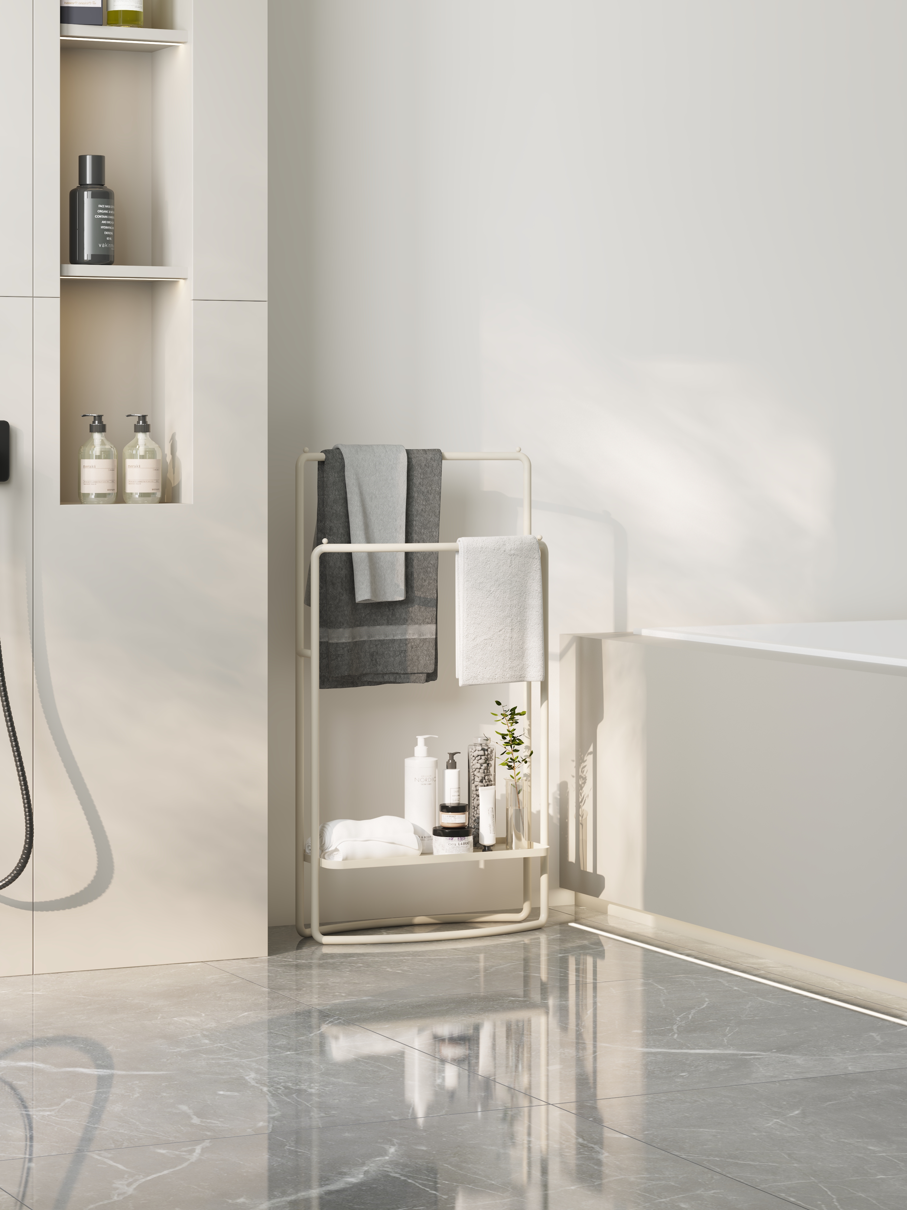 Bathroom rack，Towel rack，Bathroom Storage，TOILET，Storage rack，Floor towel rack，Cream wind，Minimalist，